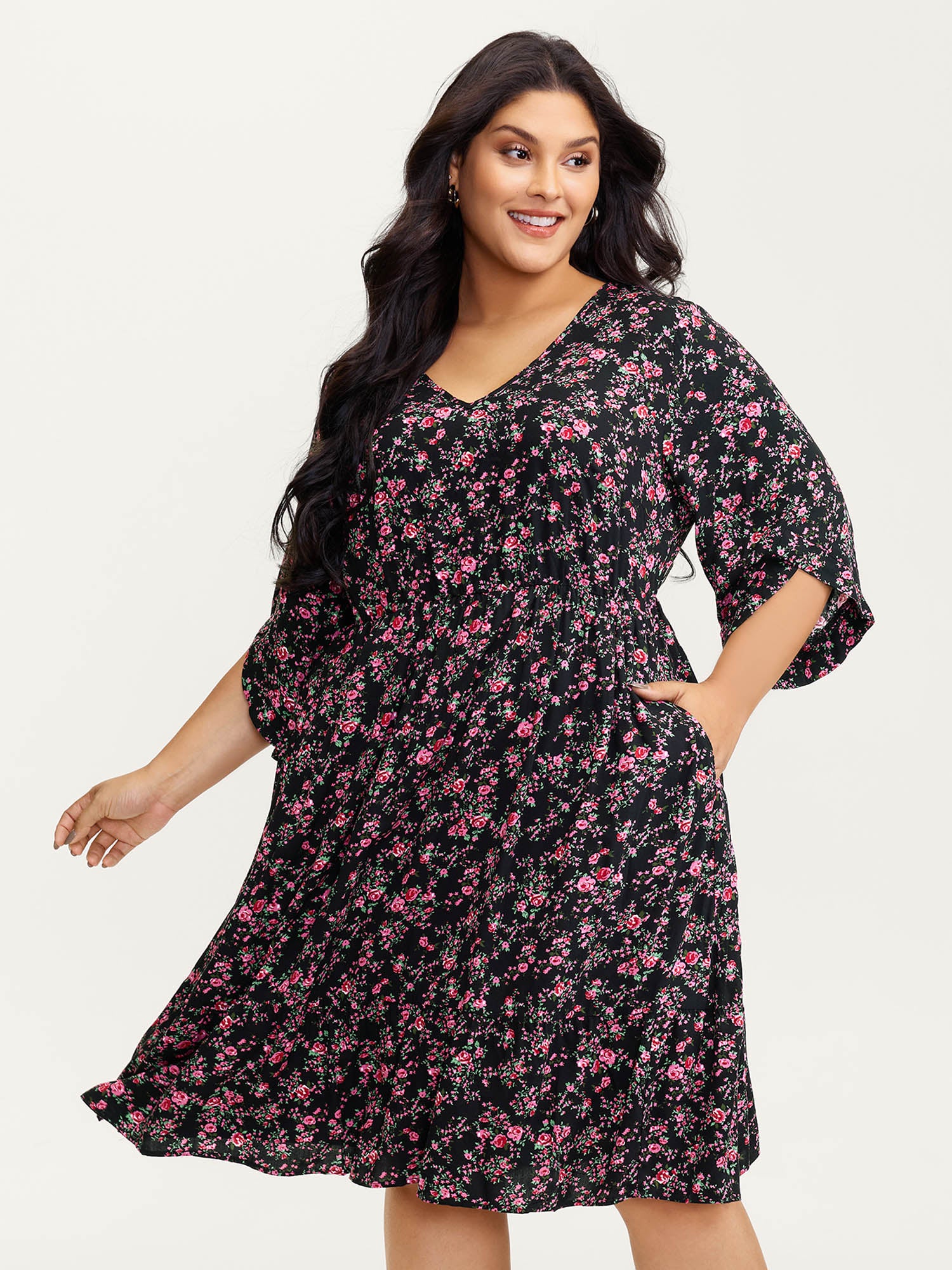 Rayon Floral Bell Sleeve Pockets Midi Dress - Image 3