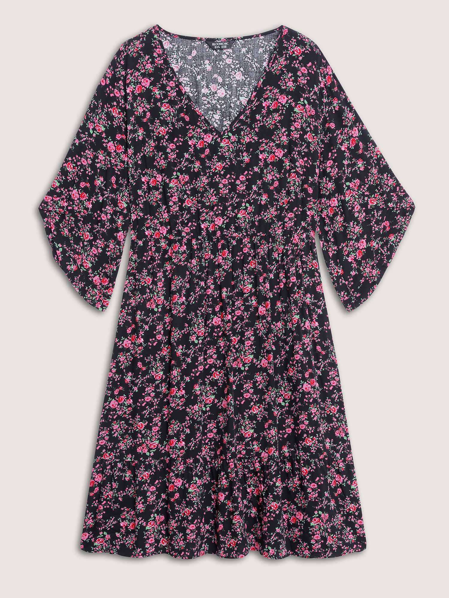 Rayon Floral Bell Sleeve Pockets Midi Dress - Image 5