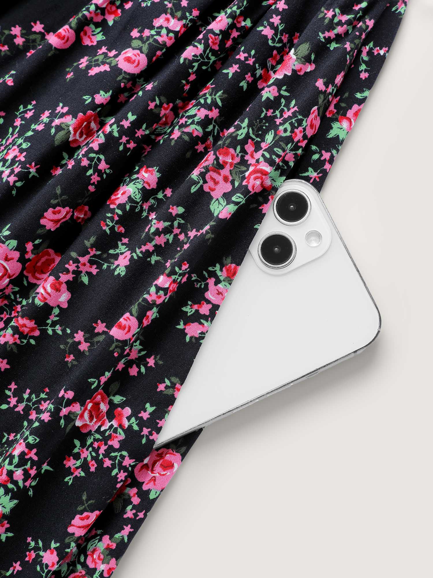 Rayon Floral Bell Sleeve Pockets Midi Dress - Image 6