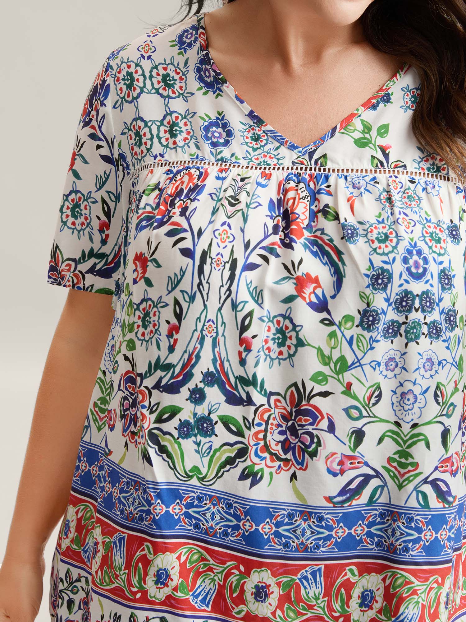 Rayon Floral Boho Print Lace Trim Blouse - Image 2