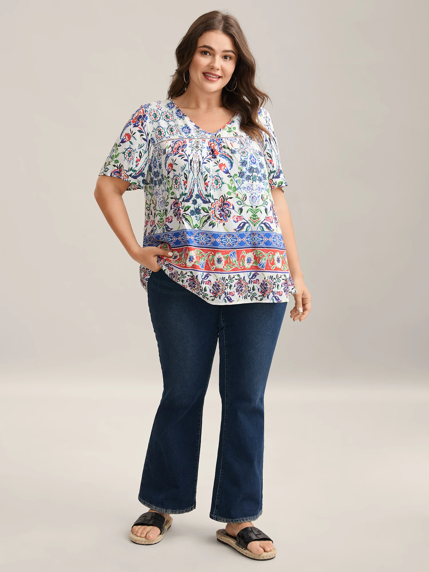 Rayon Floral Boho Print Lace Trim Blouse - Image 3