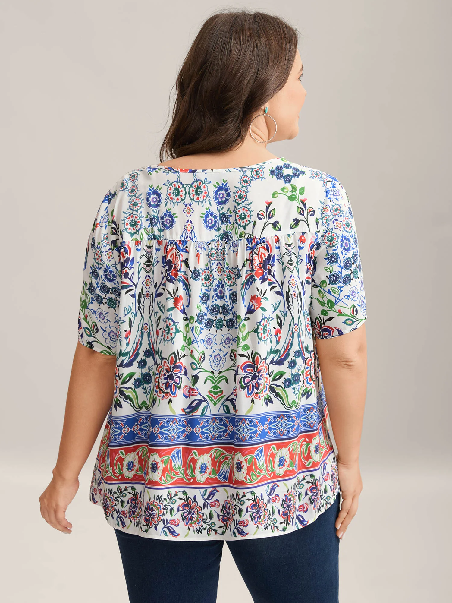 Rayon Floral Boho Print Lace Trim Blouse - Image 4