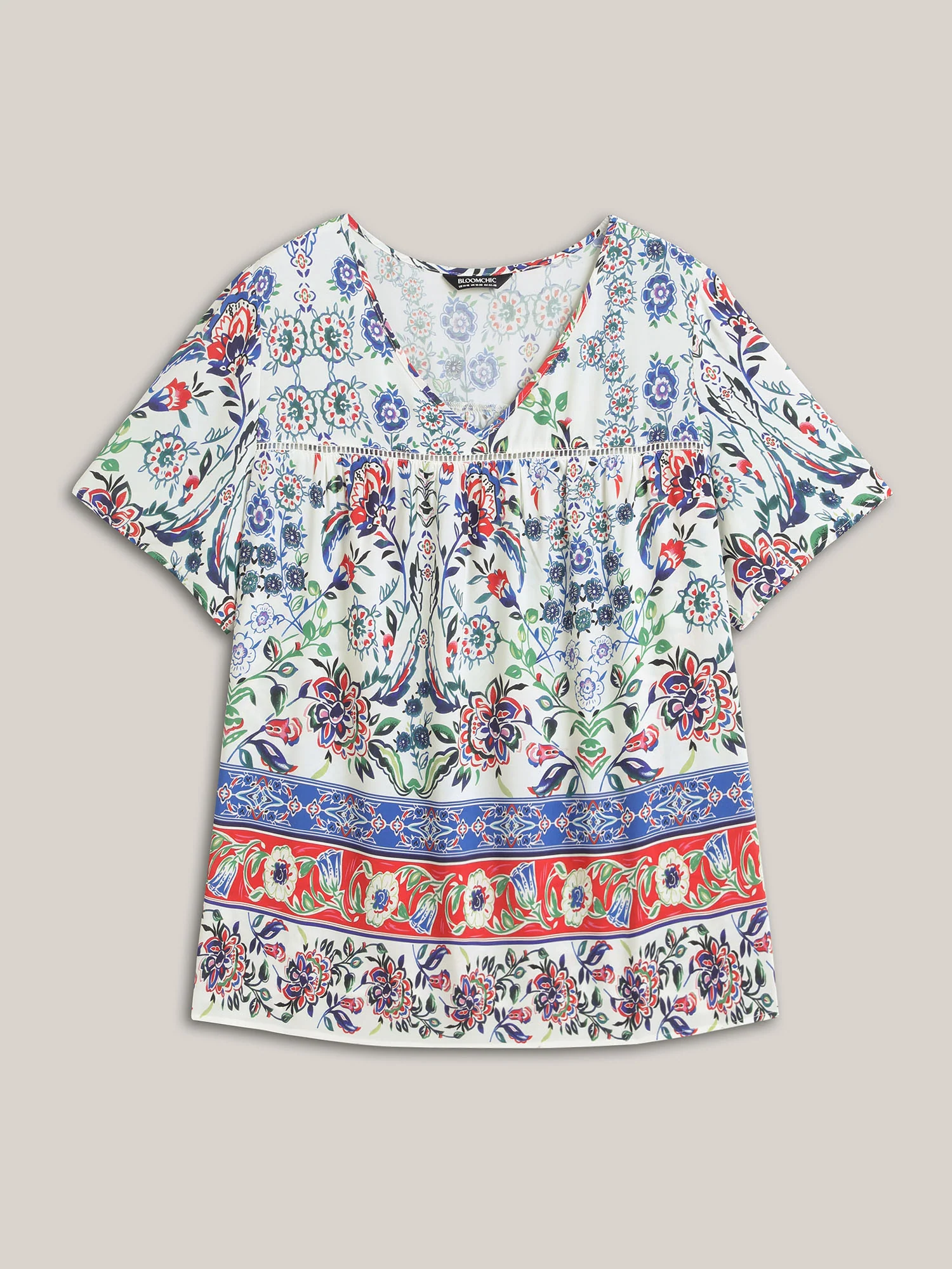 Rayon Floral Boho Print Lace Trim Blouse - Image 5