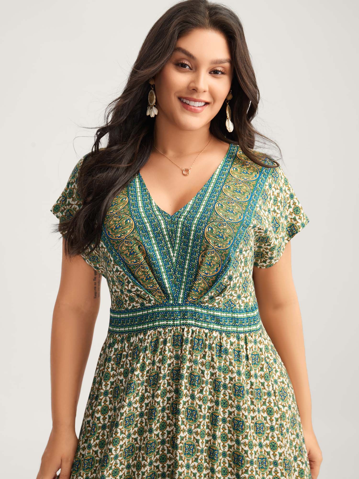 Rayon Floral Boho Print Pockets Midi Dress - Image 2