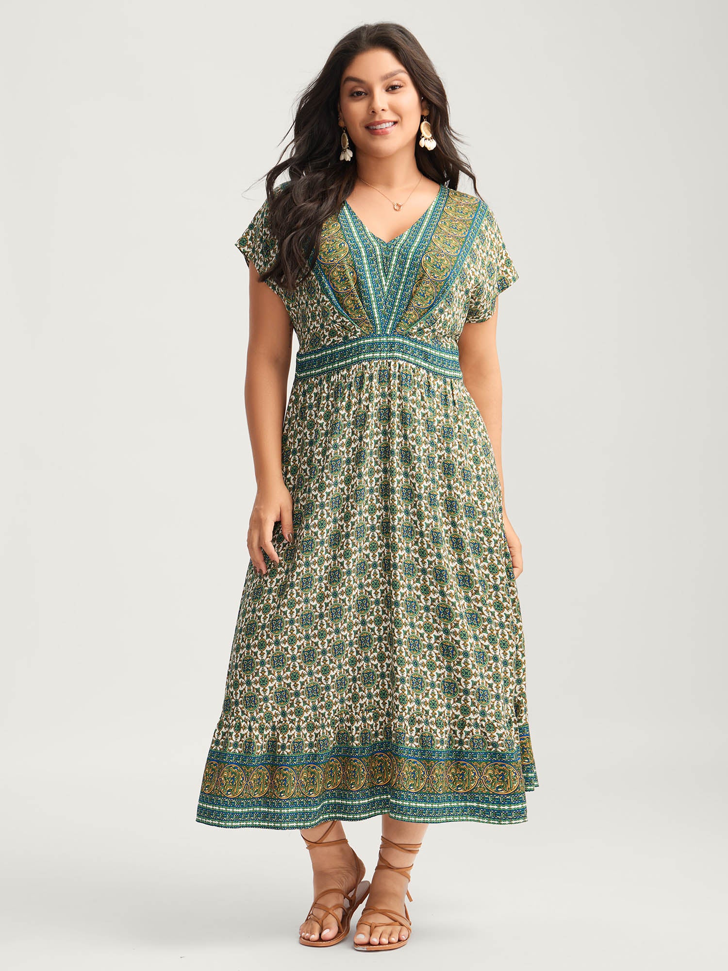 Rayon Floral Boho Print Pockets Midi Dress - Image 3