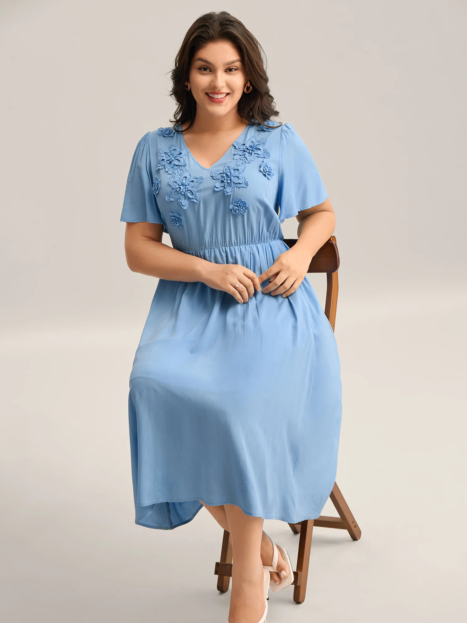 Rayon Floral Detail Cinched-Waist Midi Dress - Image 3
