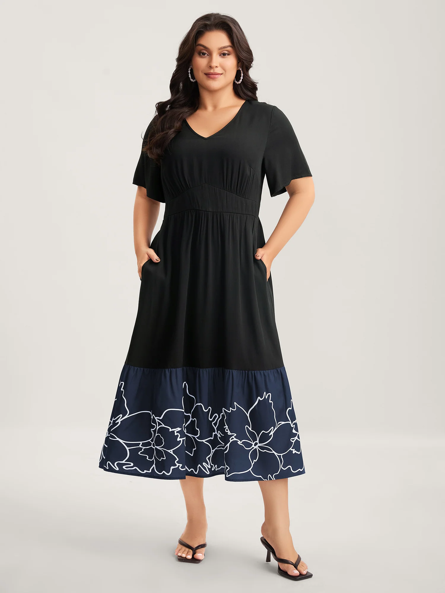 Rayon Floral Hem Cinched-Waist Midi Dress - Image 2