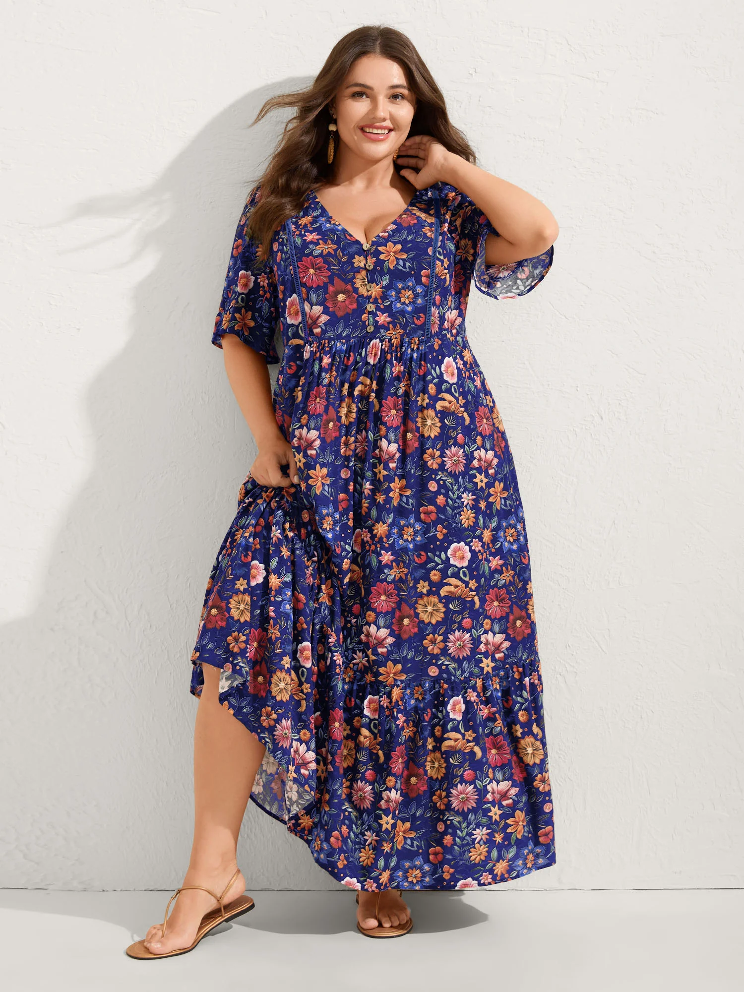 Rayon Floral Lace Trim Button Maxi Dress - Image 10