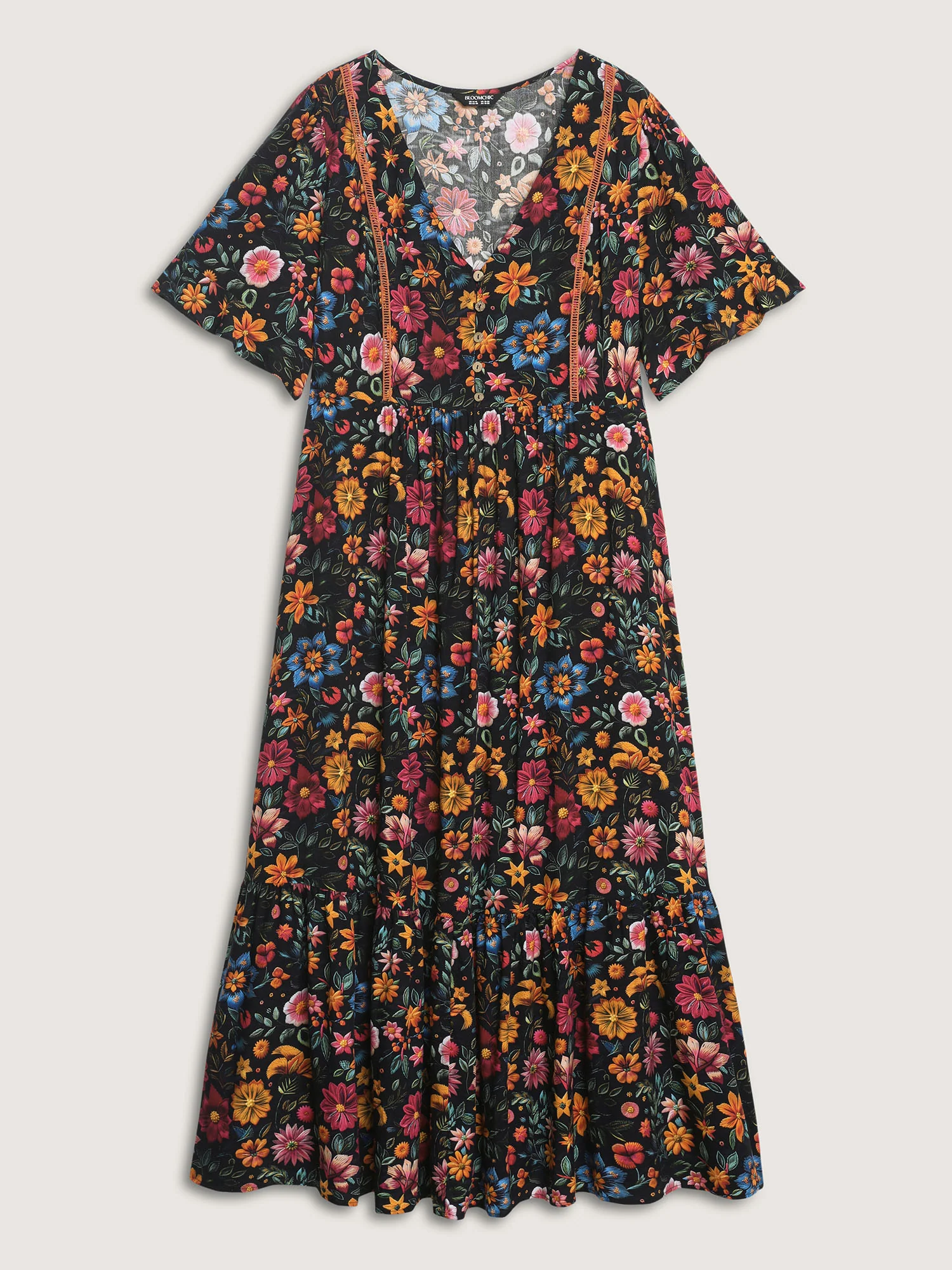 Rayon Floral Lace Trim Button Maxi Dress - Image 7
