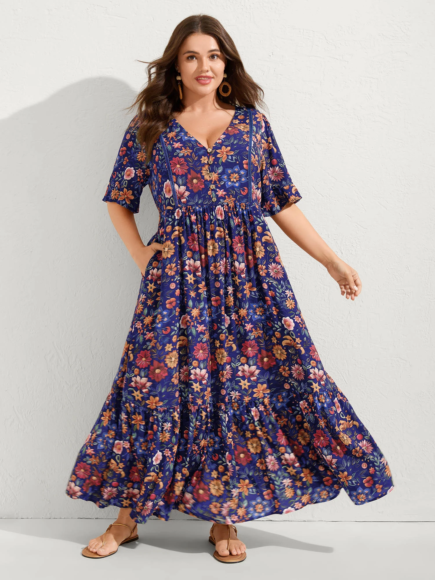 Rayon Floral Lace Trim Button Maxi Dress - Image 8