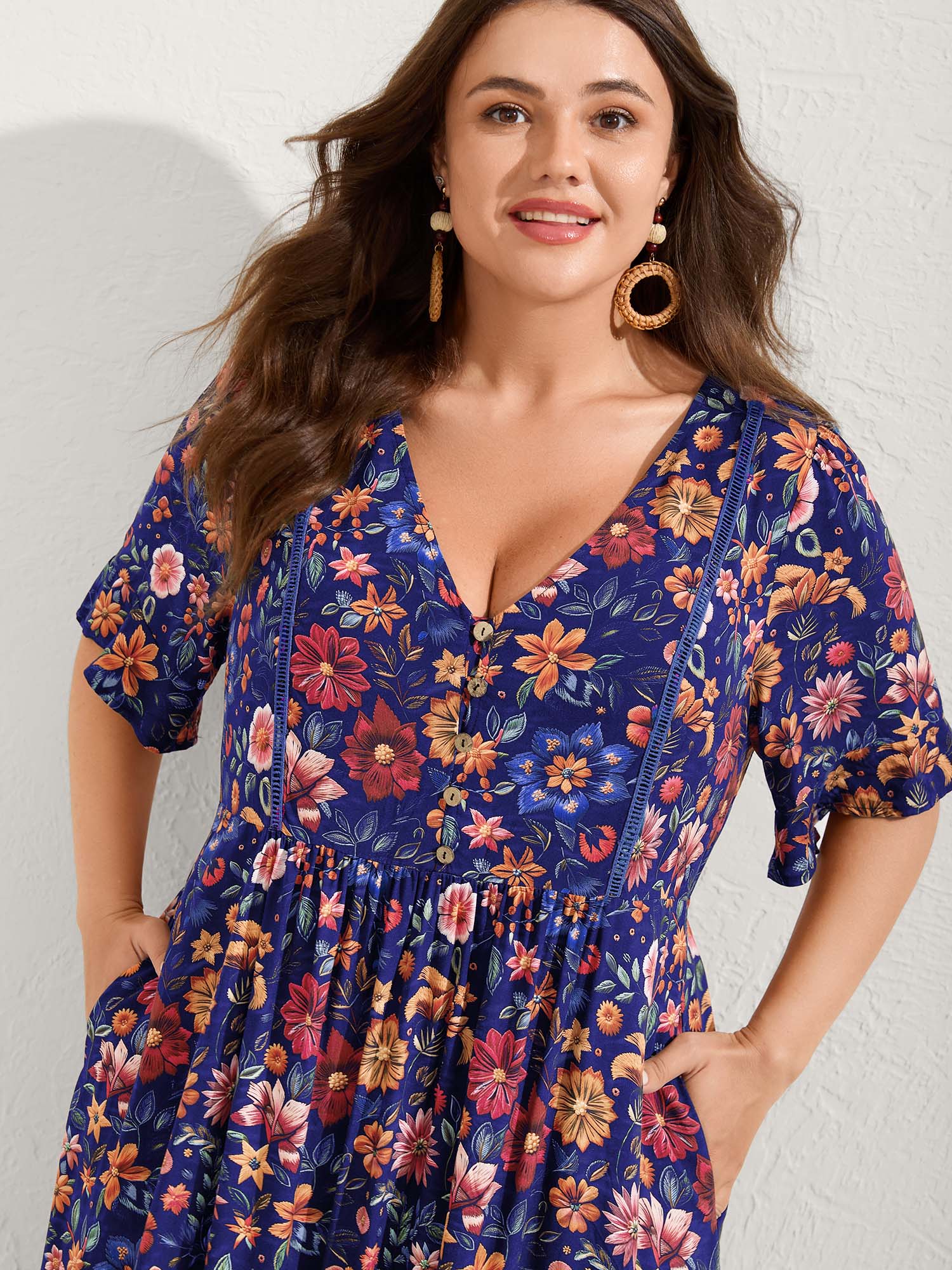 Rayon Floral Lace Trim Button Maxi Dress - Image 9