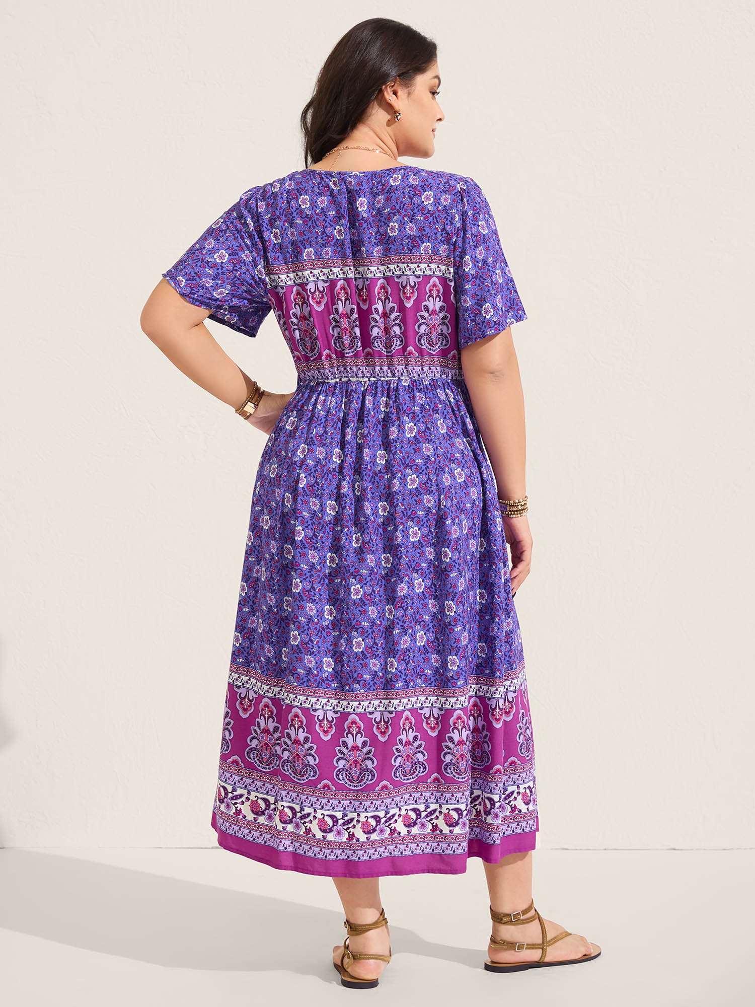 Rayon Floral Print Color Contrast Midi Dress - Image 3