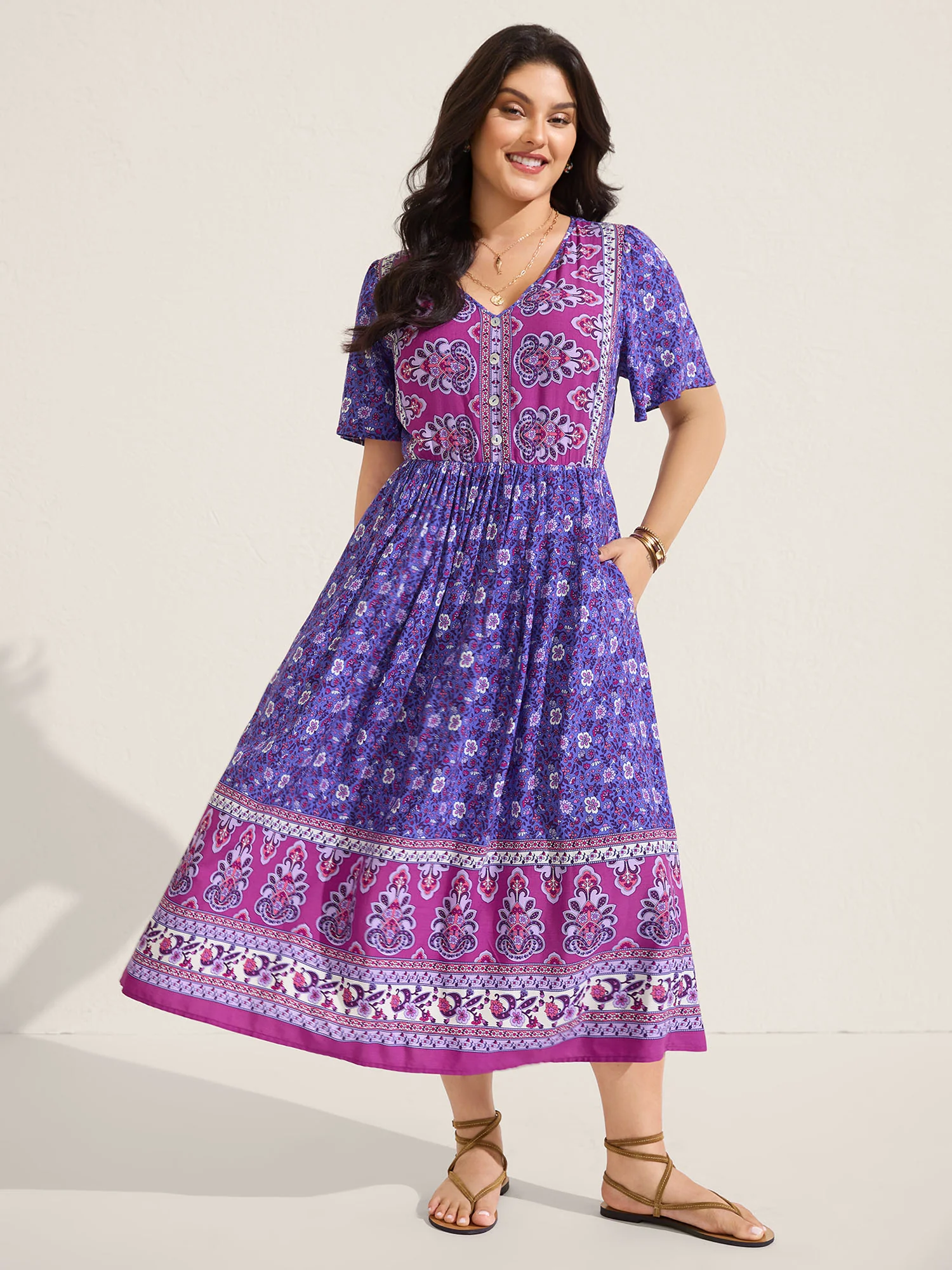 Rayon Floral Print Color Contrast Midi Dress - Image 4