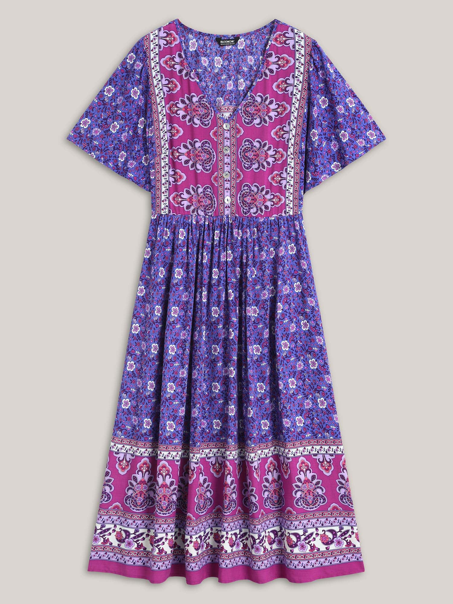 Rayon Floral Print Color Contrast Midi Dress - Image 5