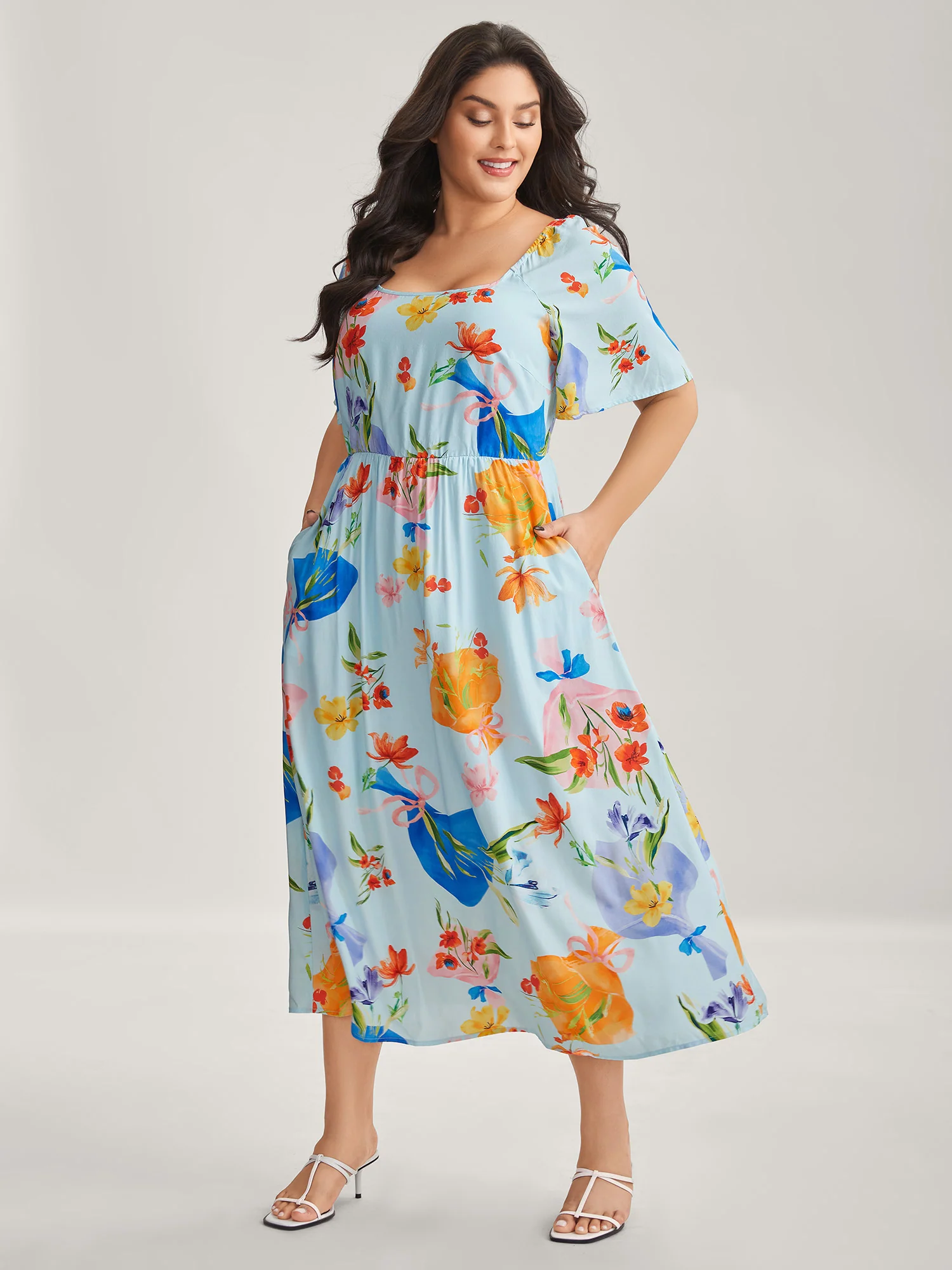 Rayon Floral Print Pockets Midi Dress - Image 2