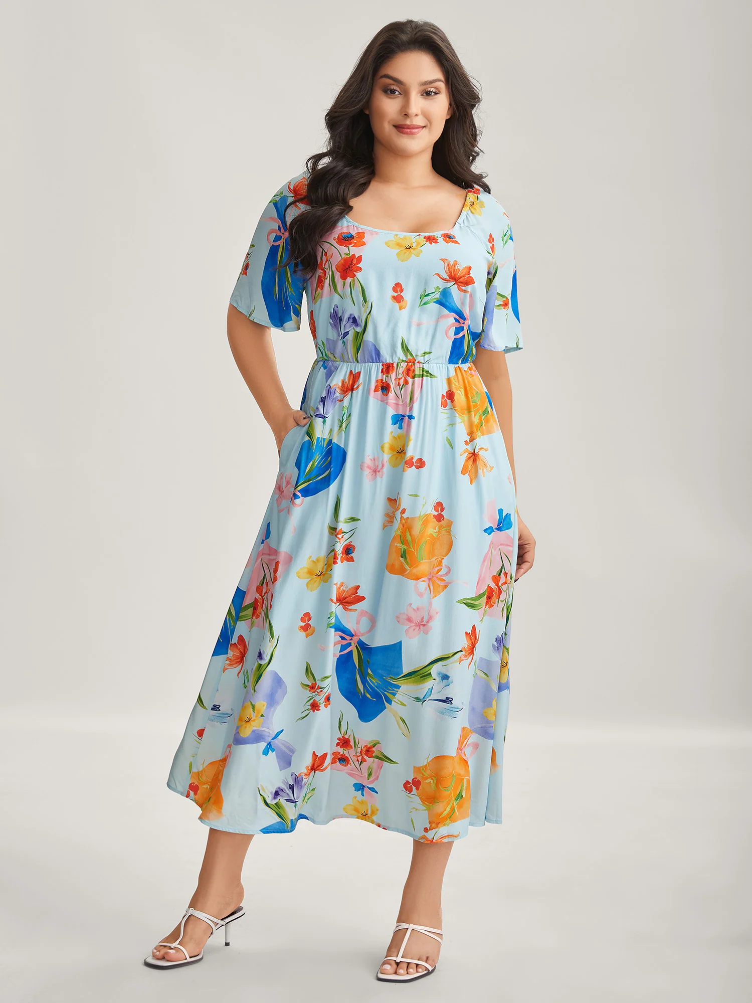 Rayon Floral Print Pockets Midi Dress - Image 3