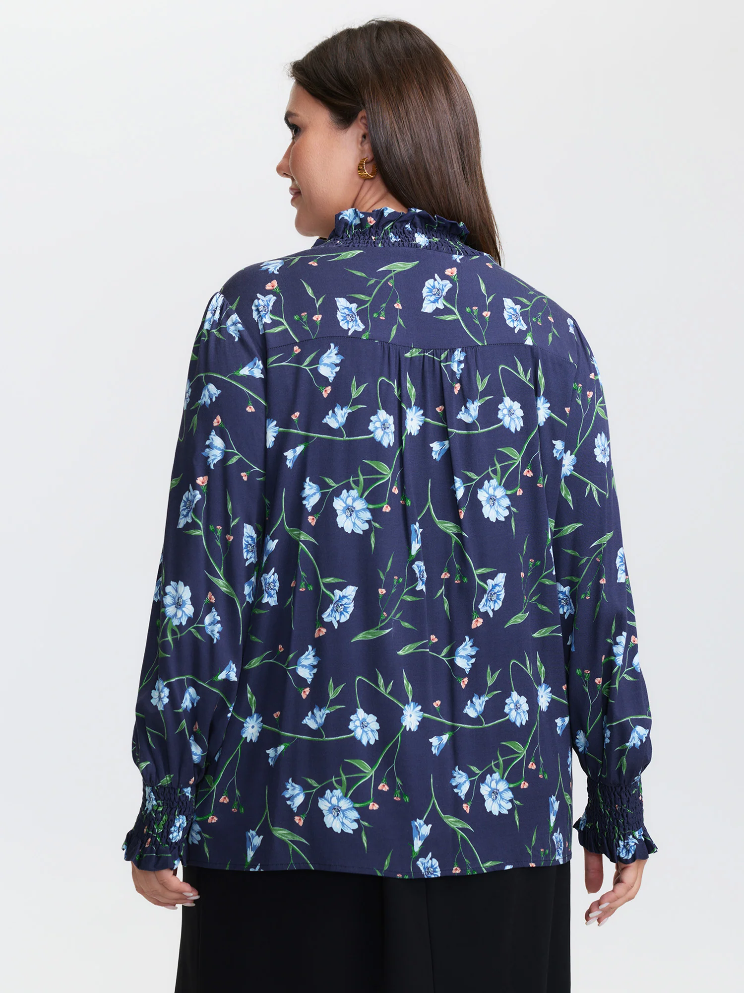 Rayon Floral Print Shirred Collar Blouse - Image 4