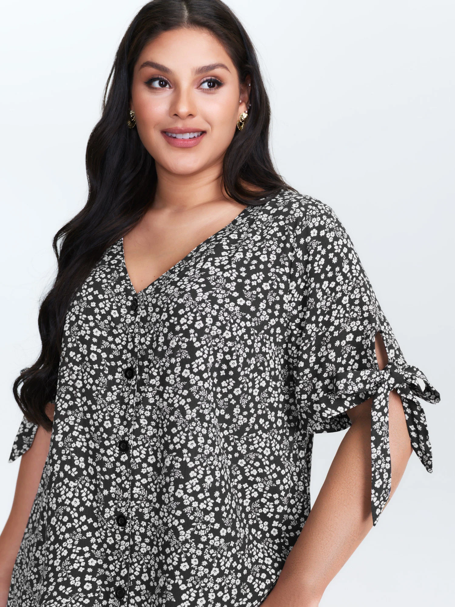 Rayon Floral Print Sleeve-Tie Blouse - Image 2