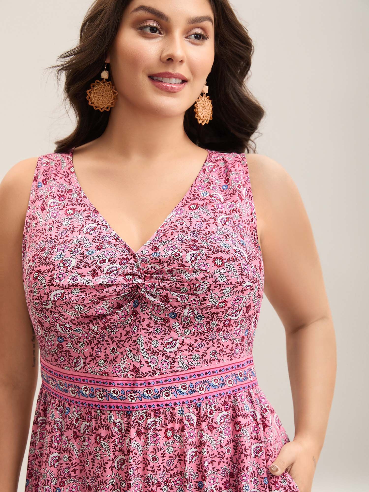 Rayon Floral Print Stretchy Waist Midi Dress - Image 2