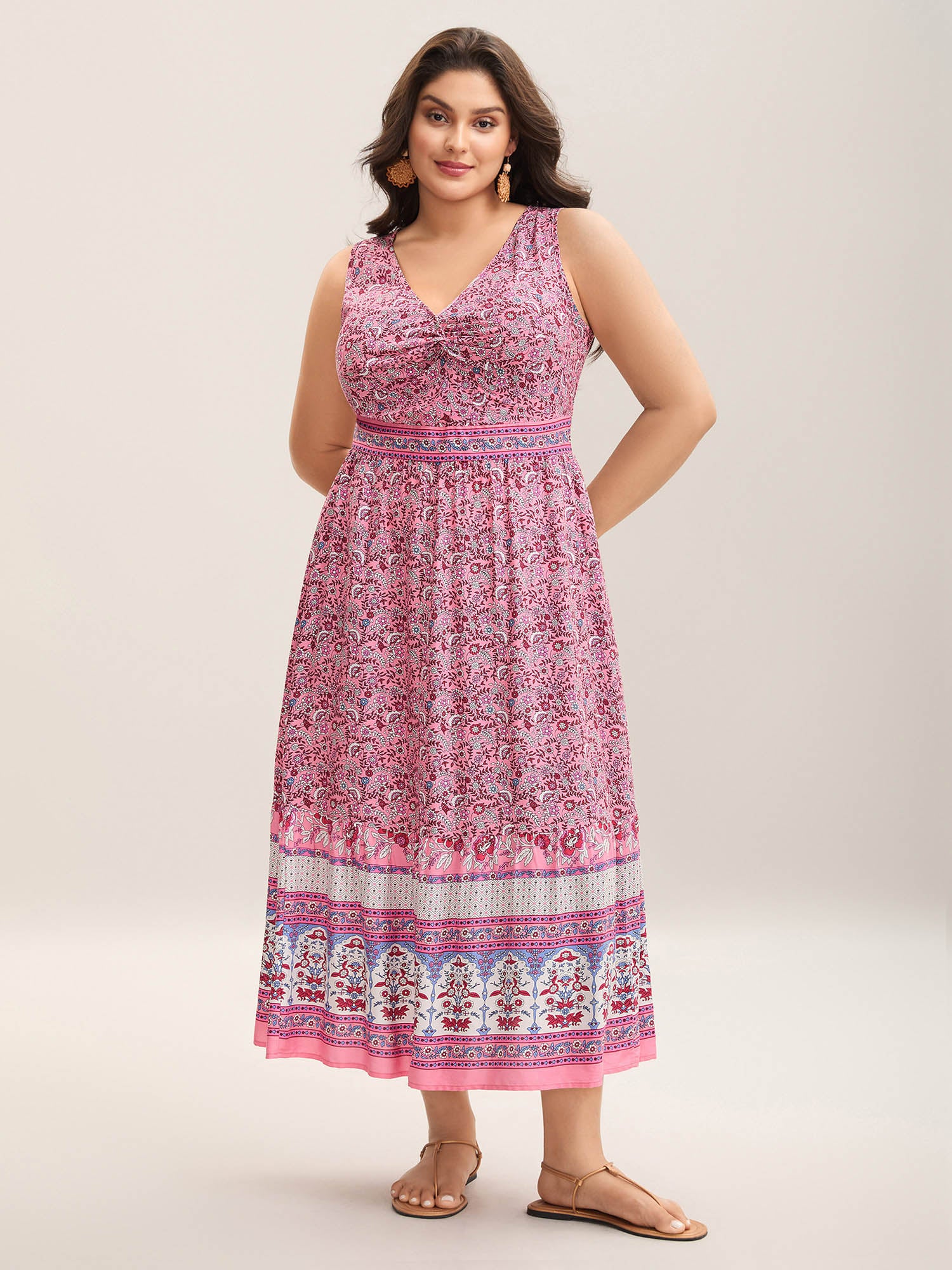 Rayon Floral Print Stretchy Waist Midi Dress - Image 3
