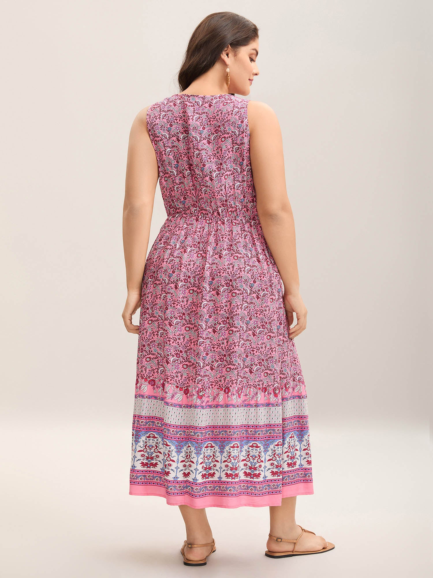 Rayon Floral Print Stretchy Waist Midi Dress - Image 4