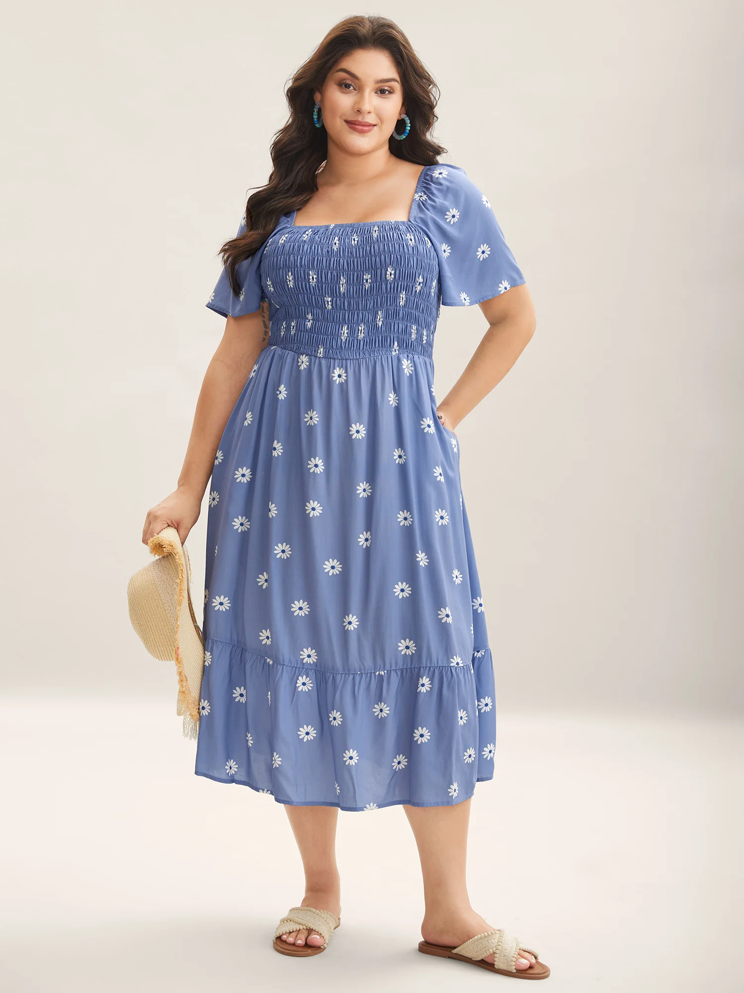 Rayon Floral Shirred Midi Dress - Image 3