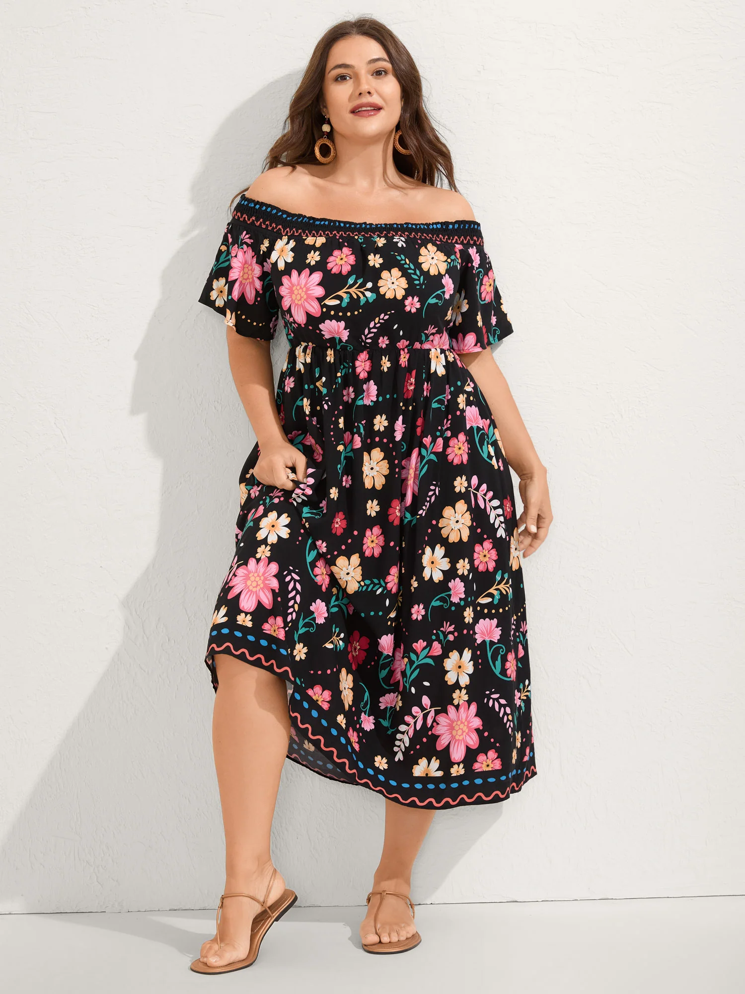 Rayon Floral Shirred Off-Shoulder Midi Dress - Image 2