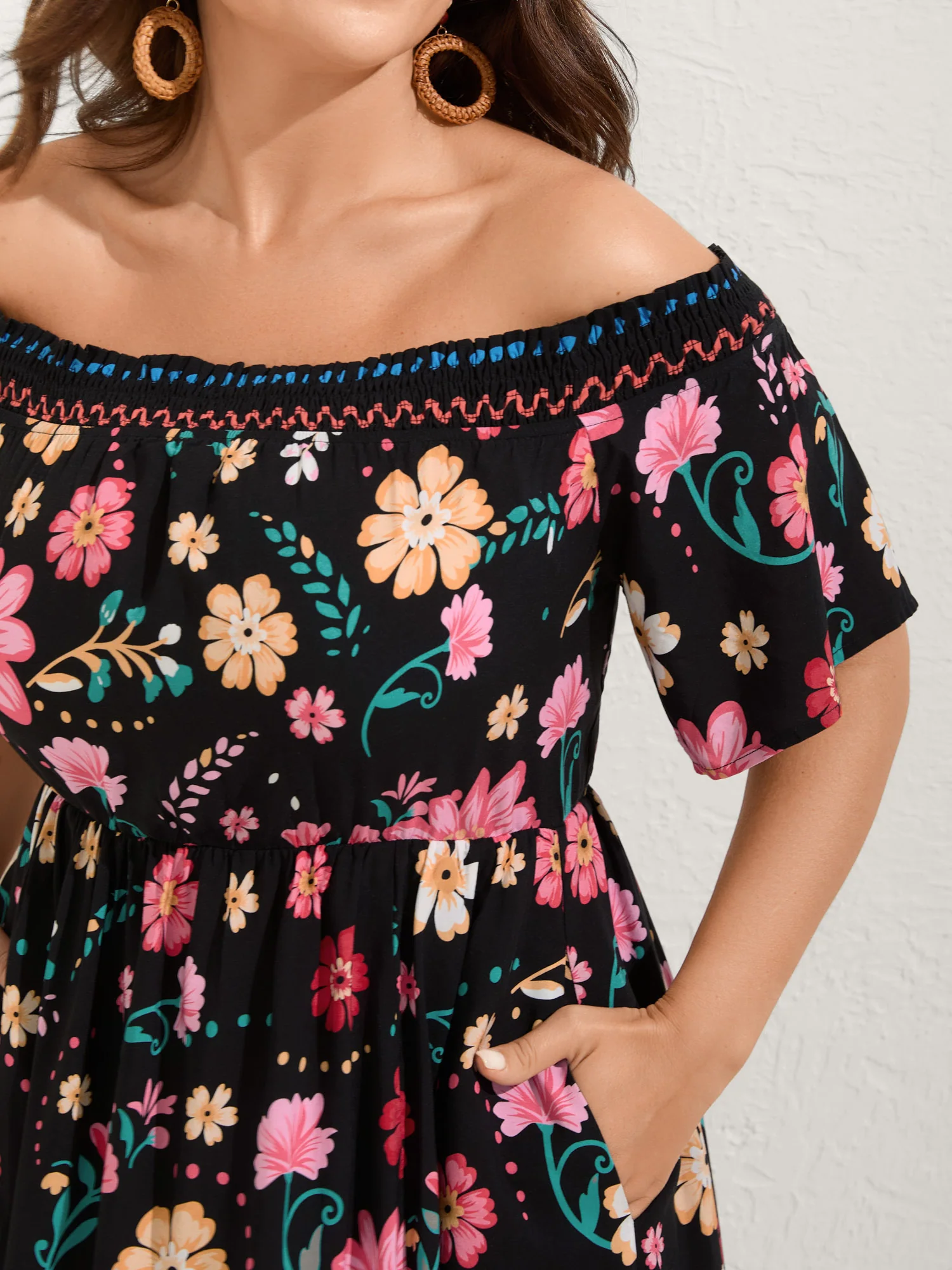 Rayon Floral Shirred Off-Shoulder Midi Dress - Image 3