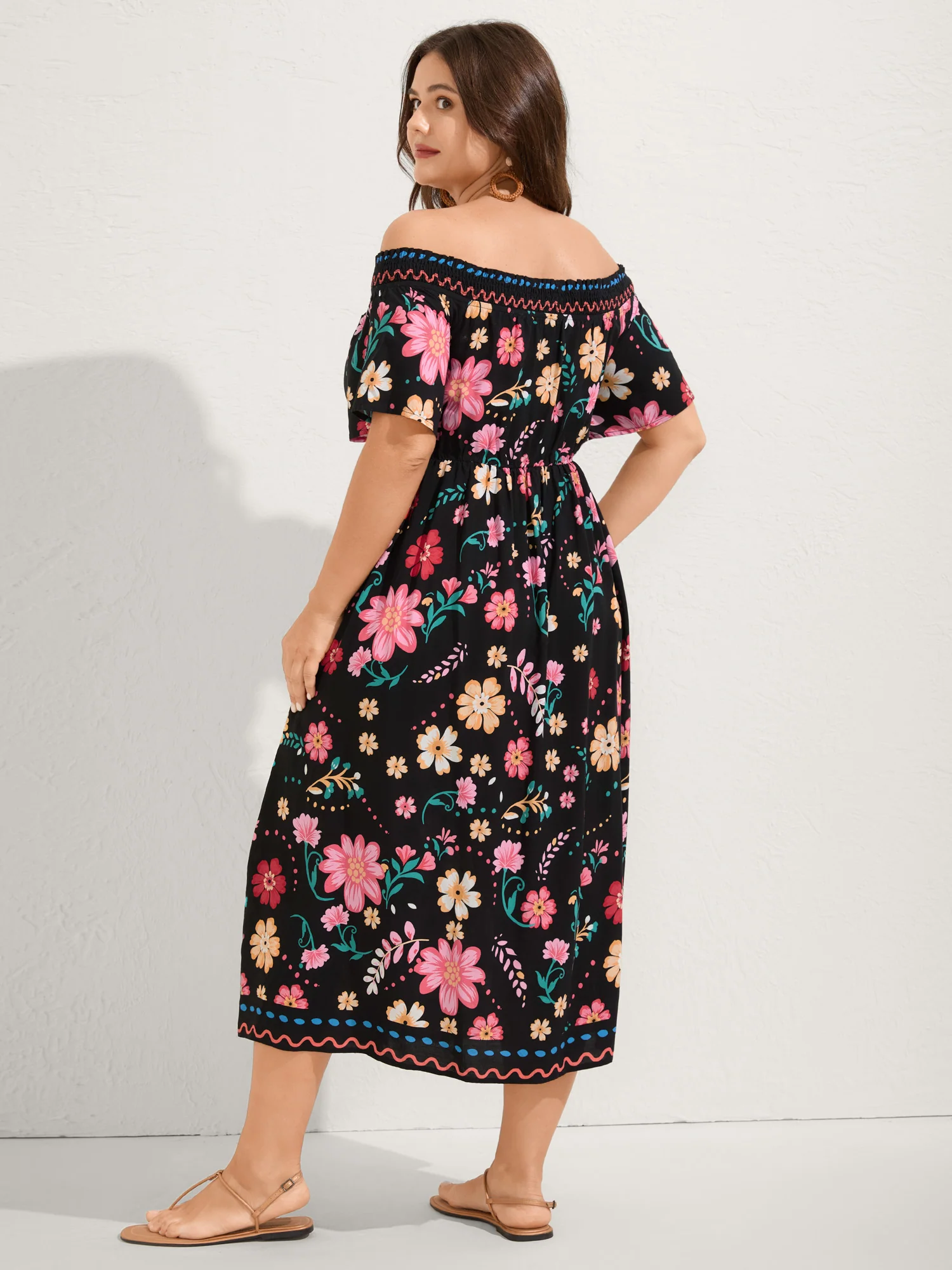 Rayon Floral Shirred Off-Shoulder Midi Dress - Image 4