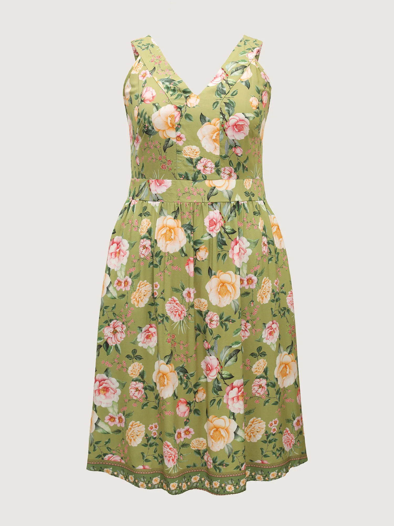 Rayon Floral Shirred Pockets Midi Dress - Image 7