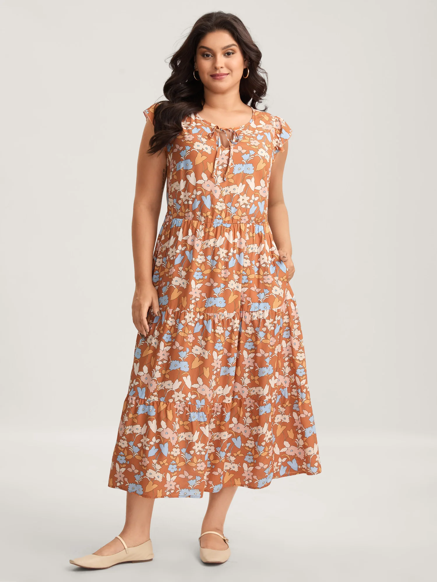Rayon Floral Stretchy Waist Pockets Midi Dress - Image 3