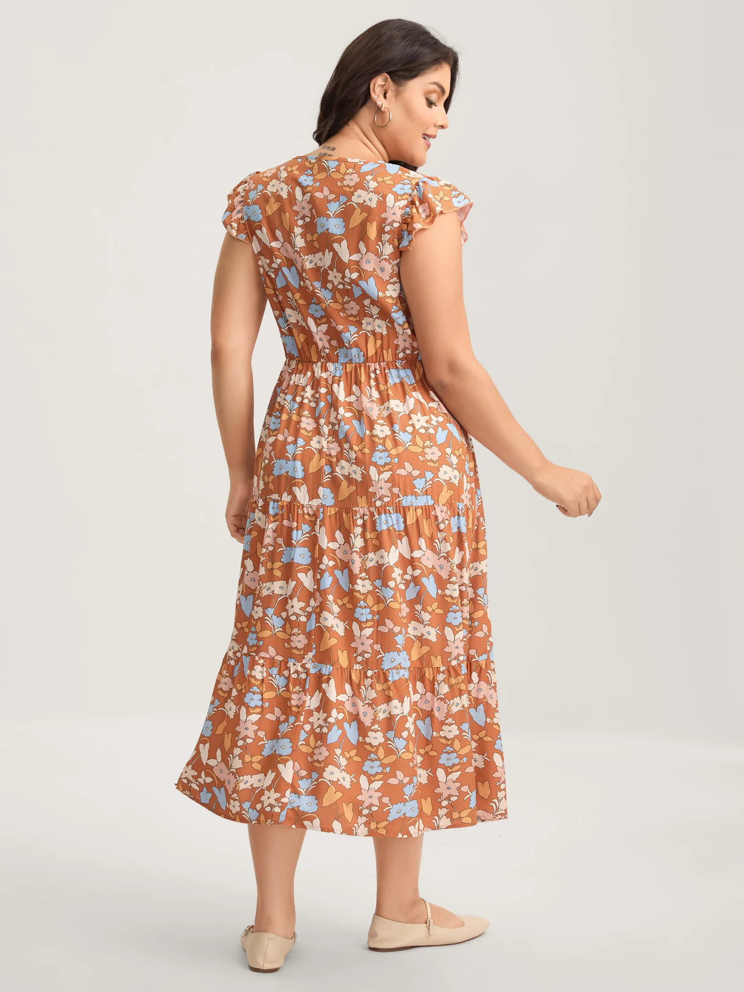Rayon Floral Stretchy Waist Pockets Midi Dress - Image 4