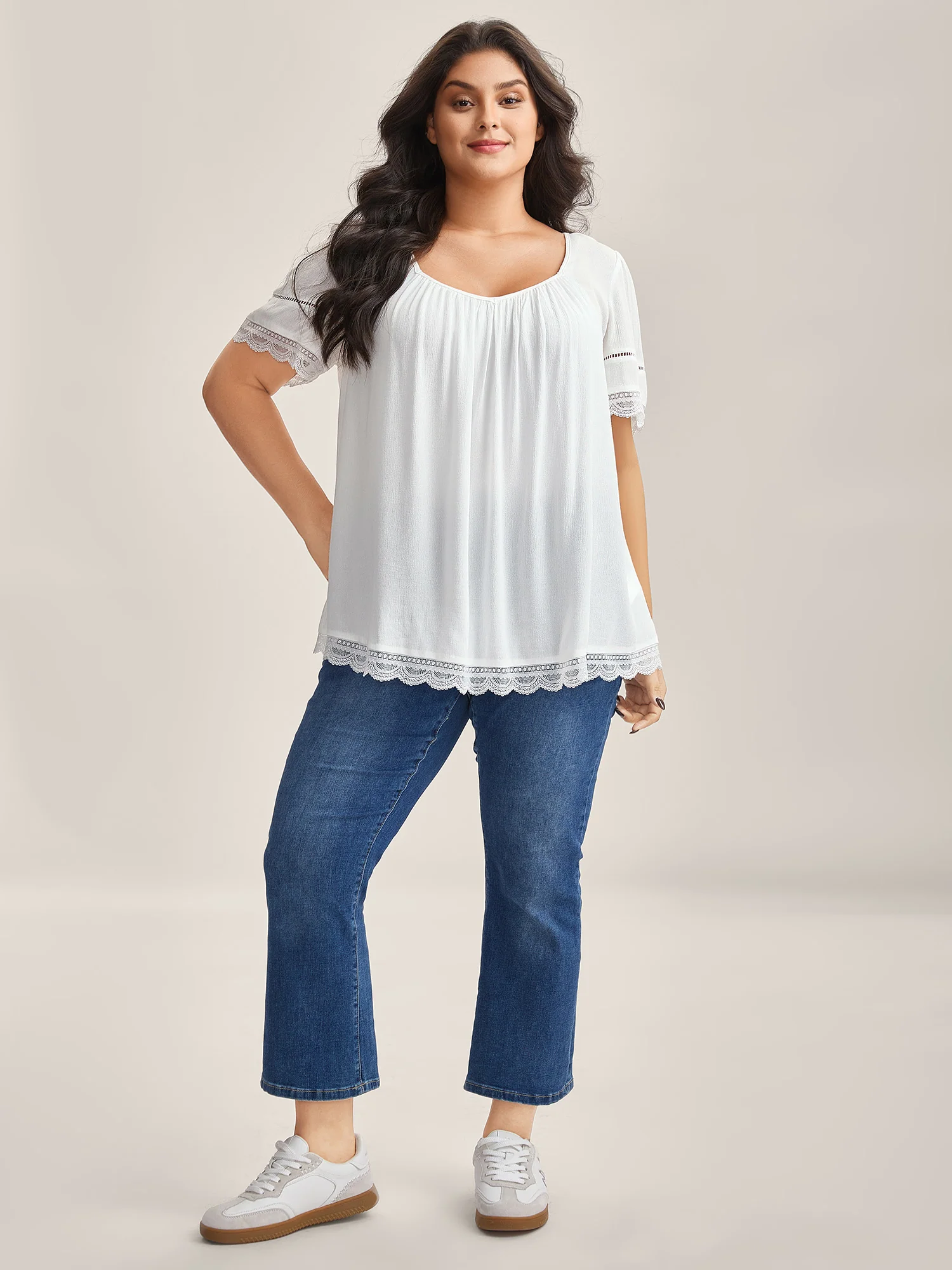 Rayon Flowy Lace Trim Solid Blouse - Image 3