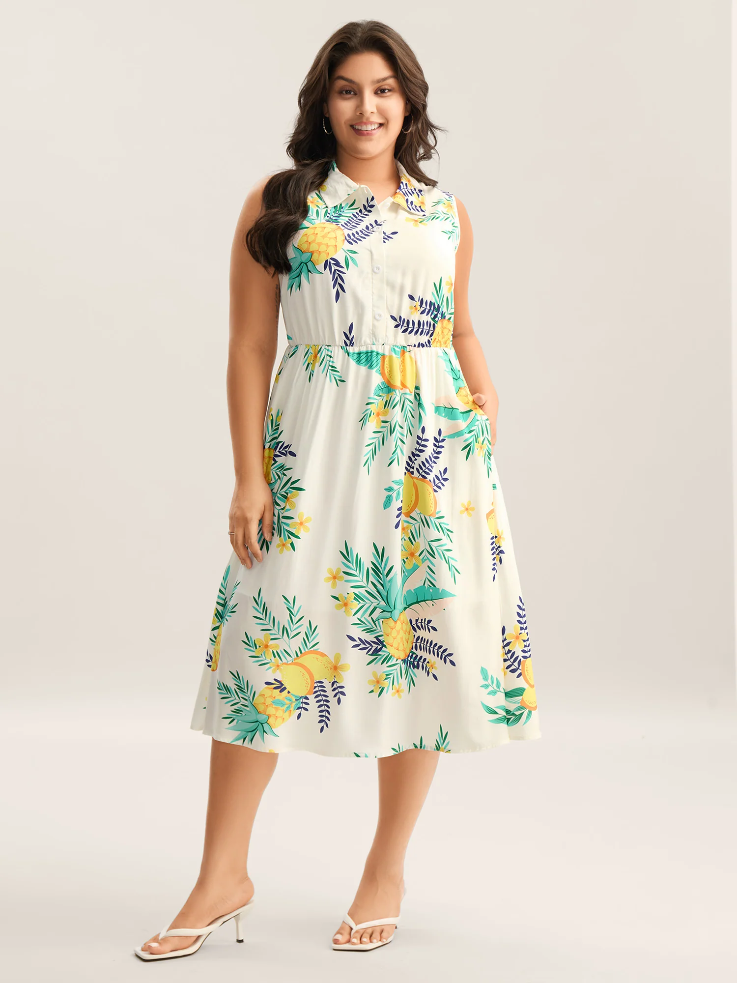 Rayon Fruit Print Collar Pockets Midi Dress - Image 2