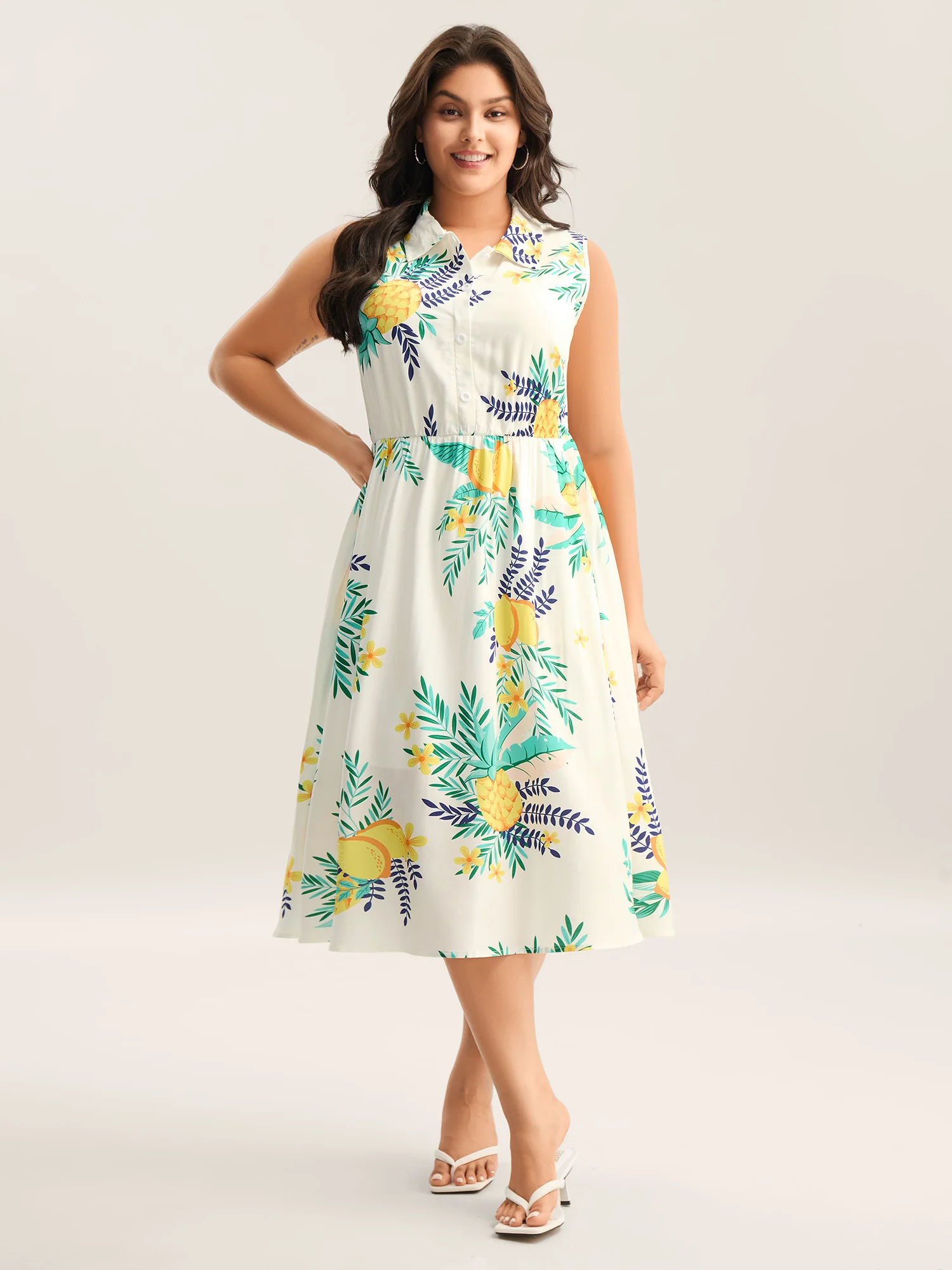 Rayon Fruit Print Collar Pockets Midi Dress - Image 3