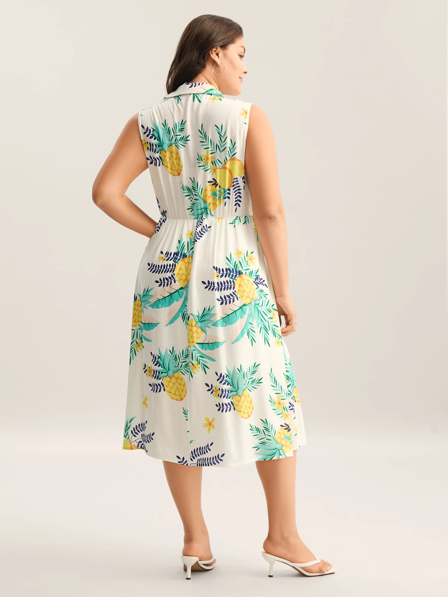 Rayon Fruit Print Collar Pockets Midi Dress - Image 4