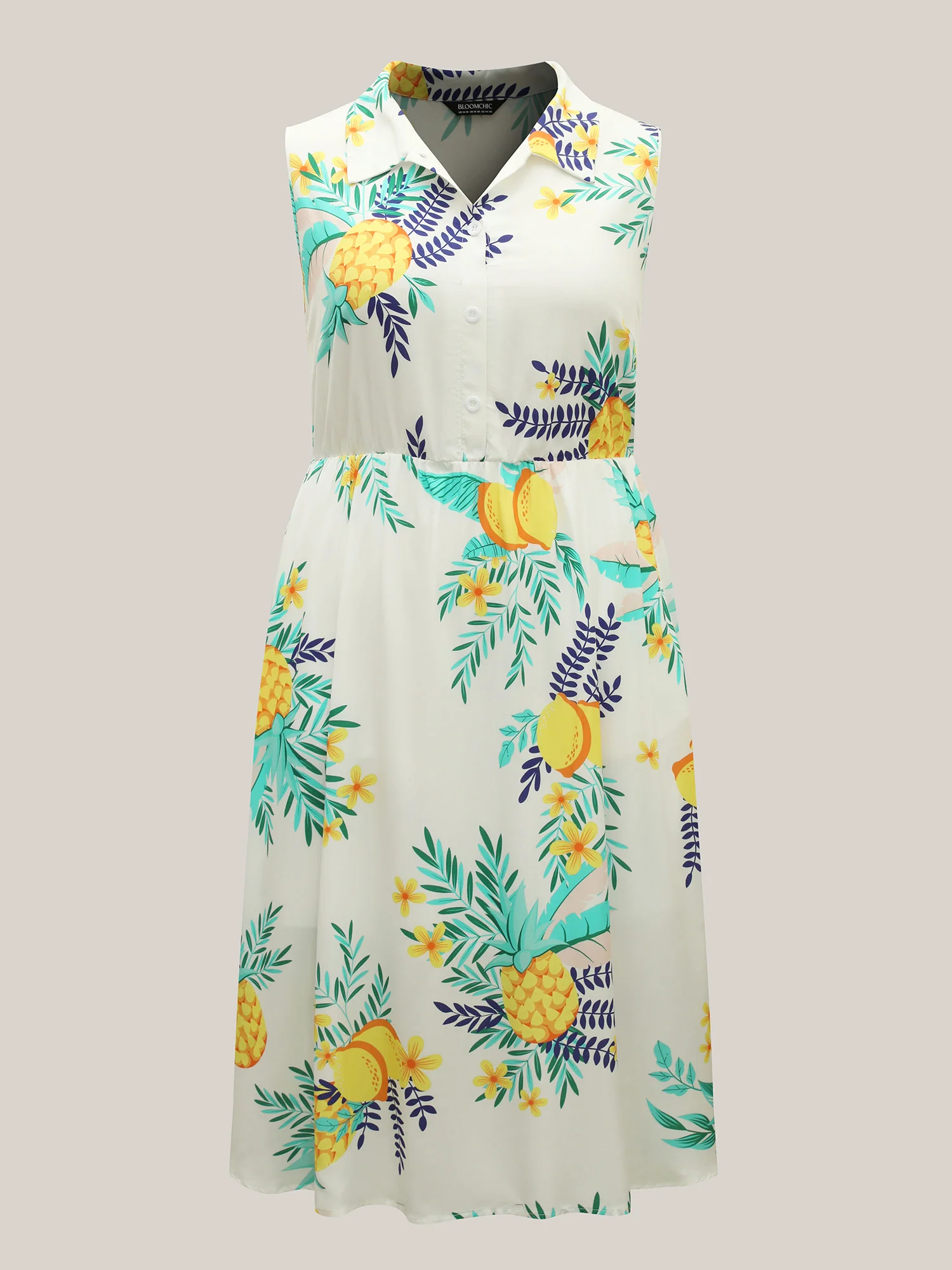 Rayon Fruit Print Collar Pockets Midi Dress - Image 7