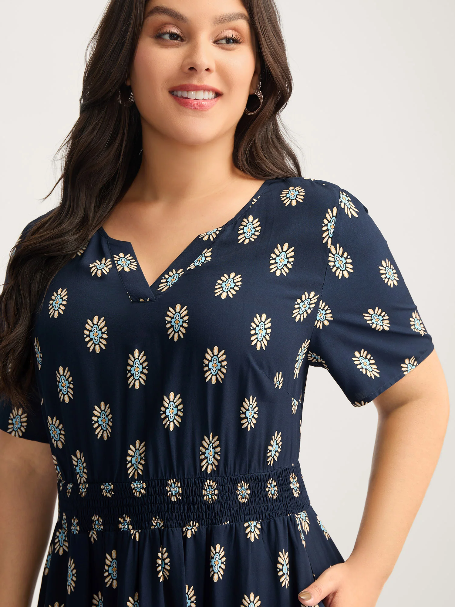 Rayon Geometric Floral Print Shirred Midi Dress - Image 2