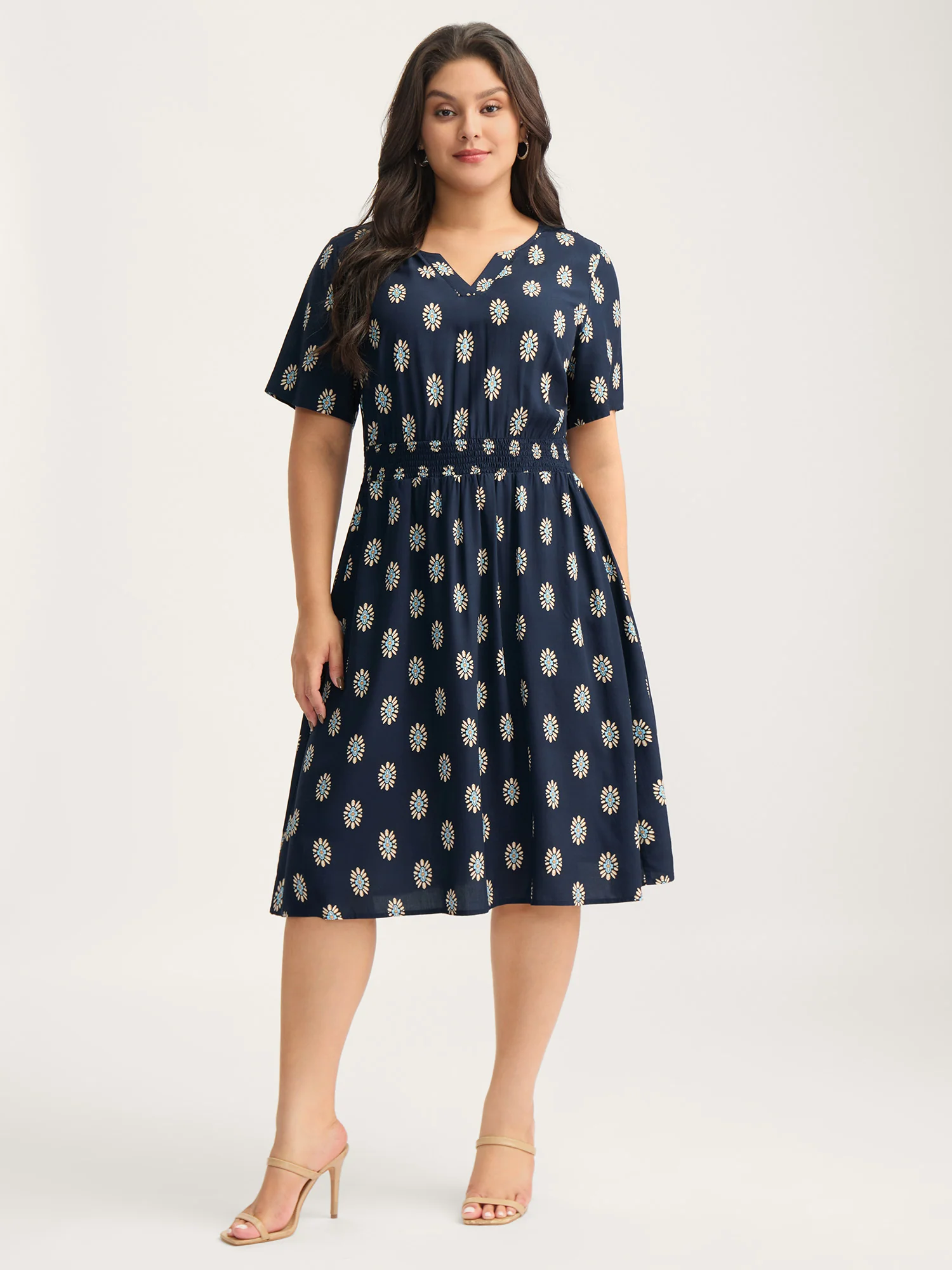 Rayon Geometric Floral Print Shirred Midi Dress - Image 3