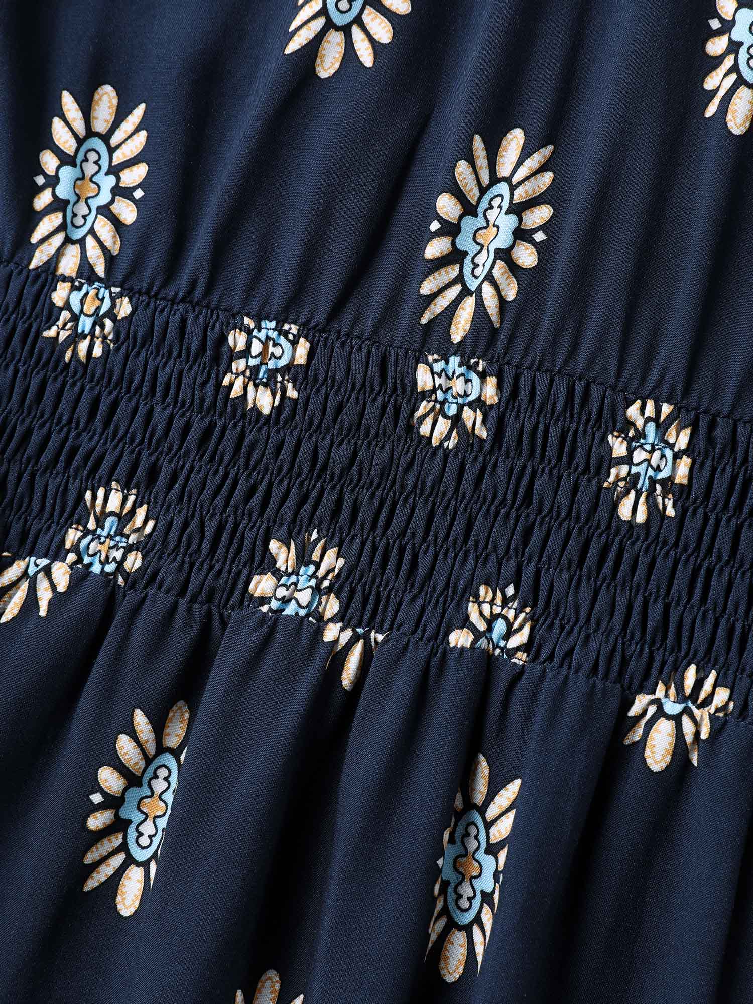 Rayon Geometric Floral Print Shirred Midi Dress - Image 5