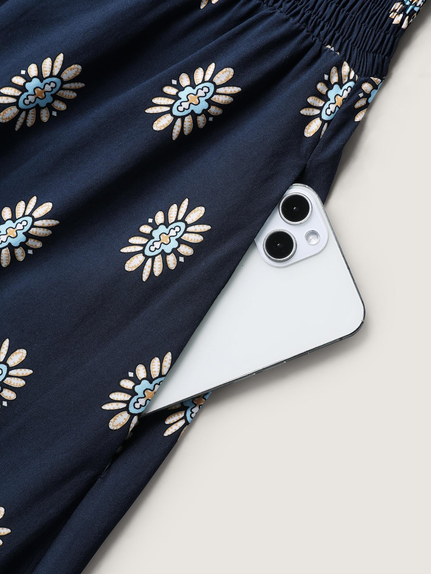 Rayon Geometric Floral Print Shirred Midi Dress - Image 6