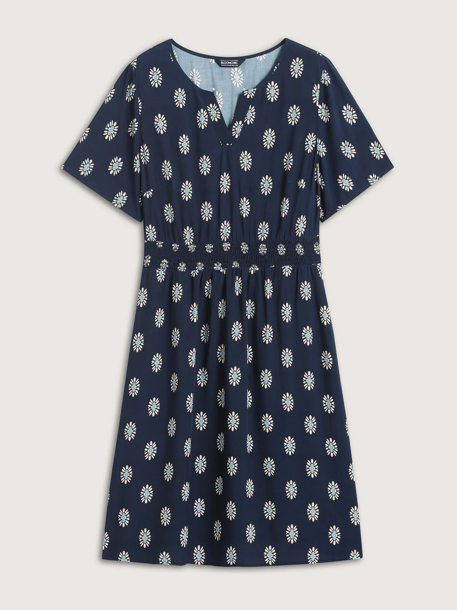 Rayon Geometric Floral Print Shirred Midi Dress - Image 7