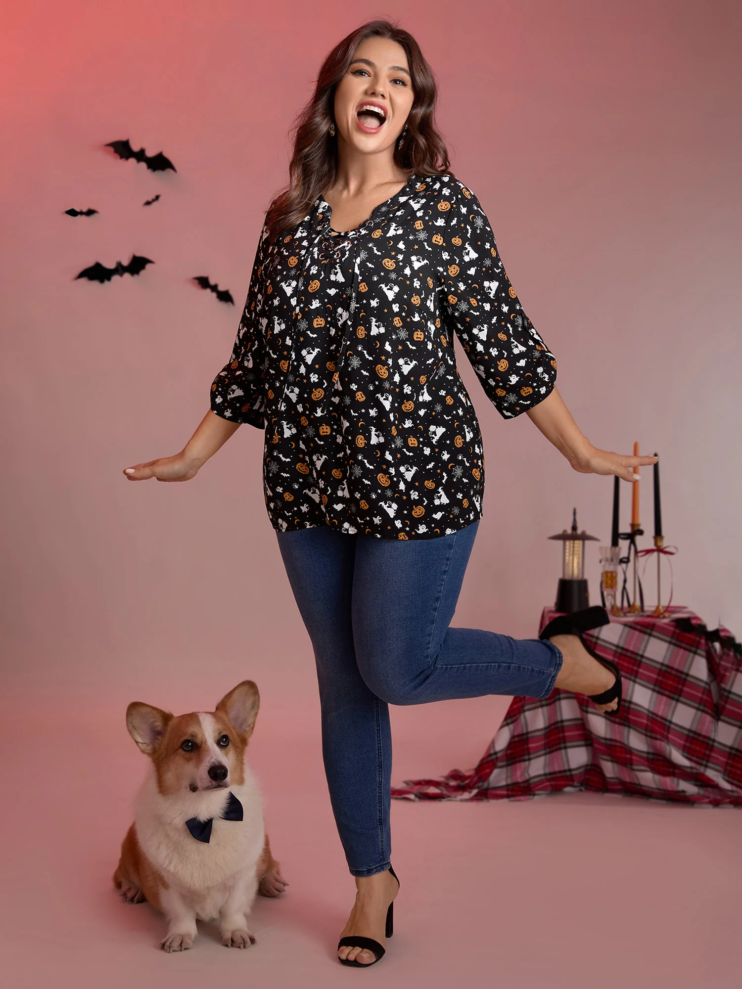 Rayon Halloween Print Neck Tie-Up Blouse - Image 2