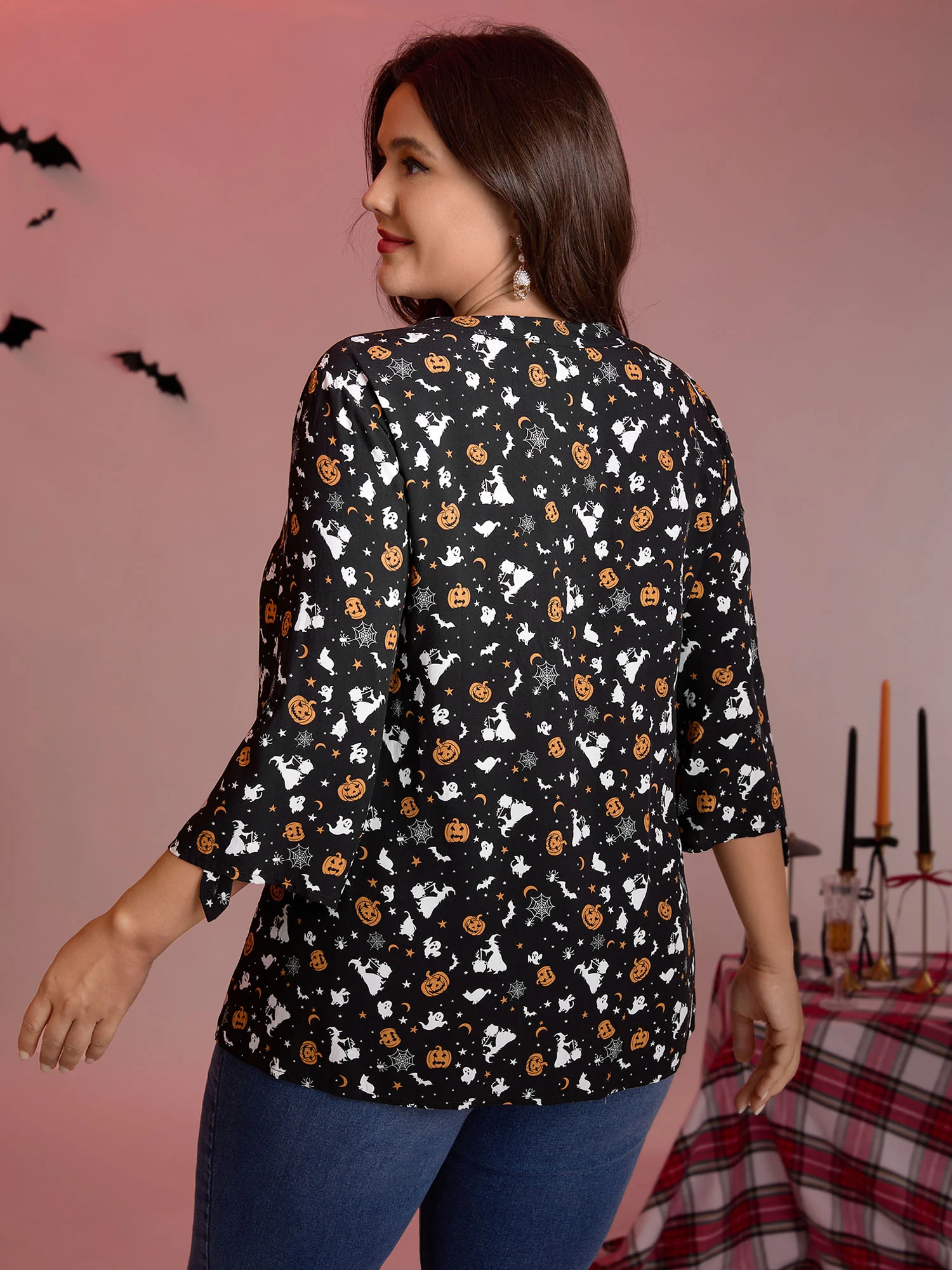 Rayon Halloween Print Neck Tie-Up Blouse - Image 4