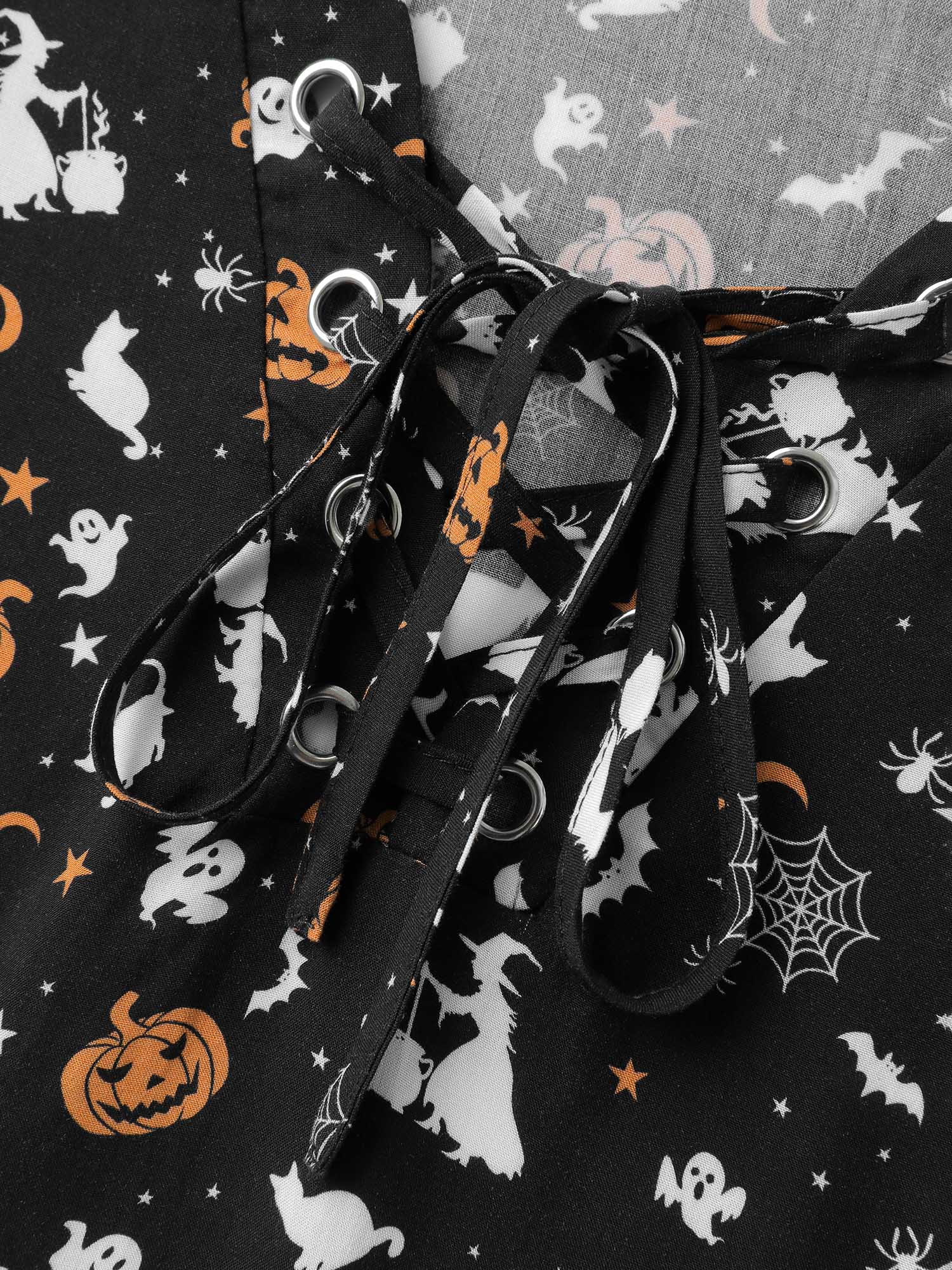 Rayon Halloween Print Neck Tie-Up Blouse - Image 5