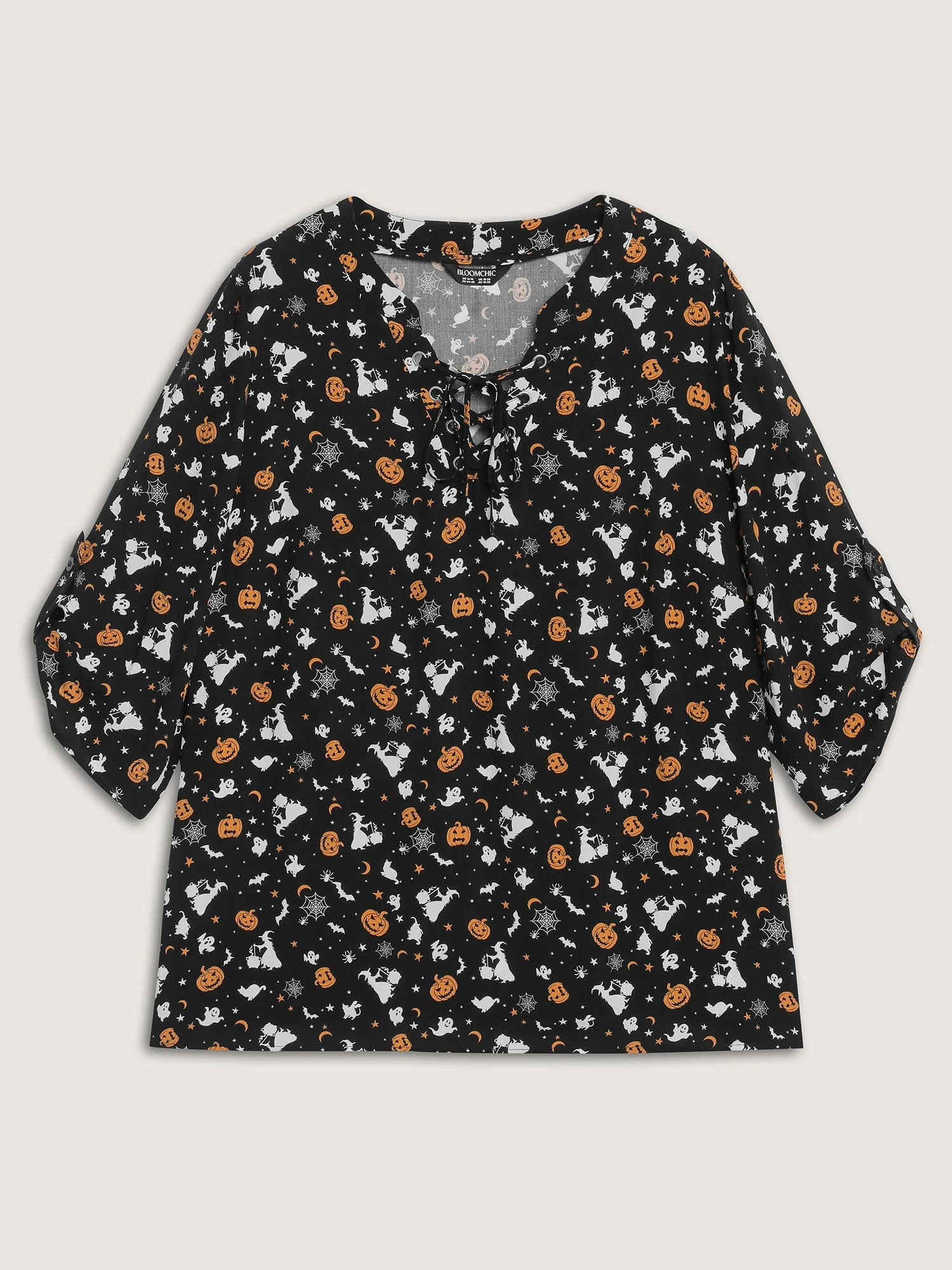 Rayon Halloween Print Neck Tie-Up Blouse - Image 7