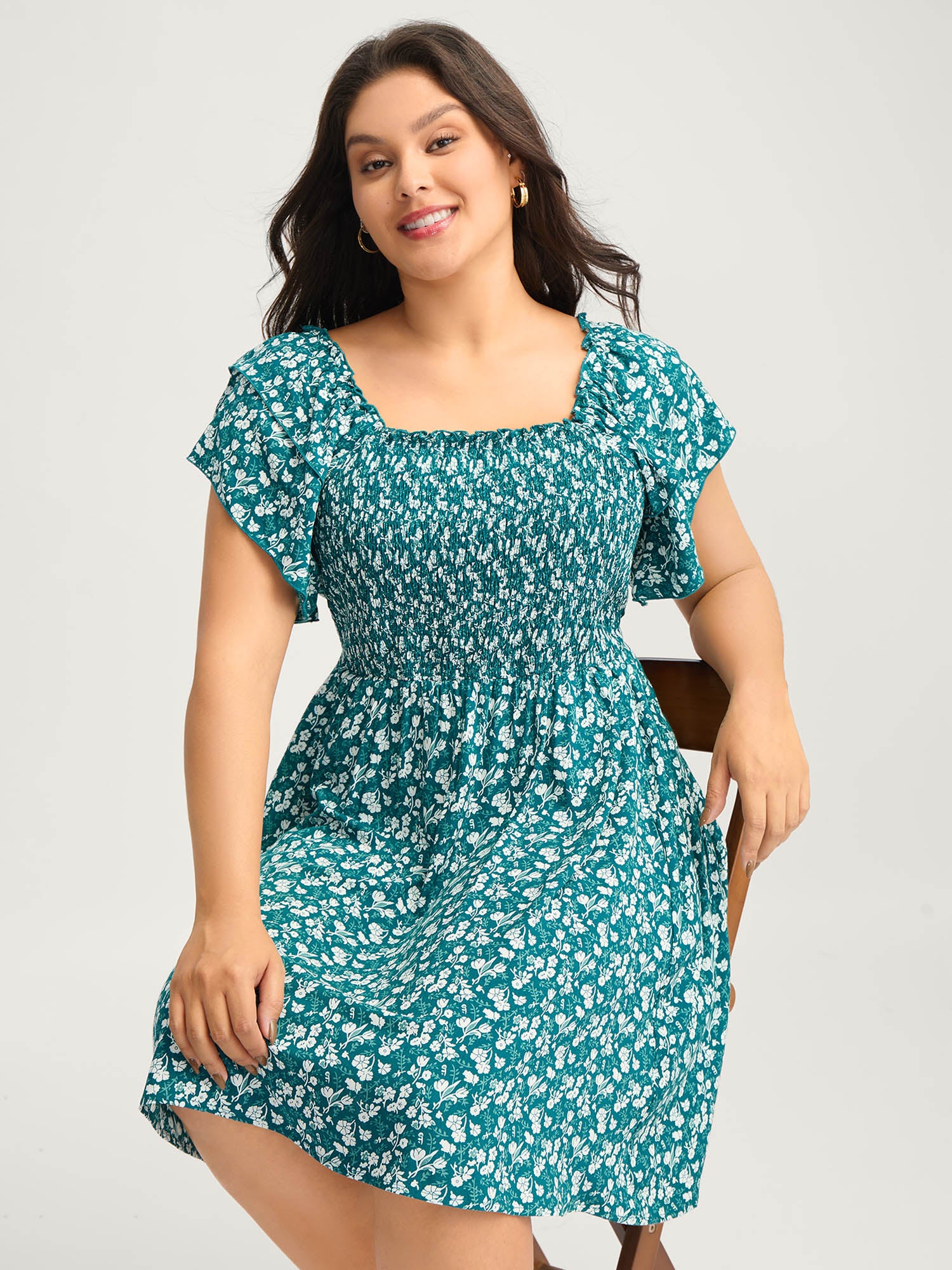 Rayon Layered Sleeve Shirred Midi Dress - Image 2