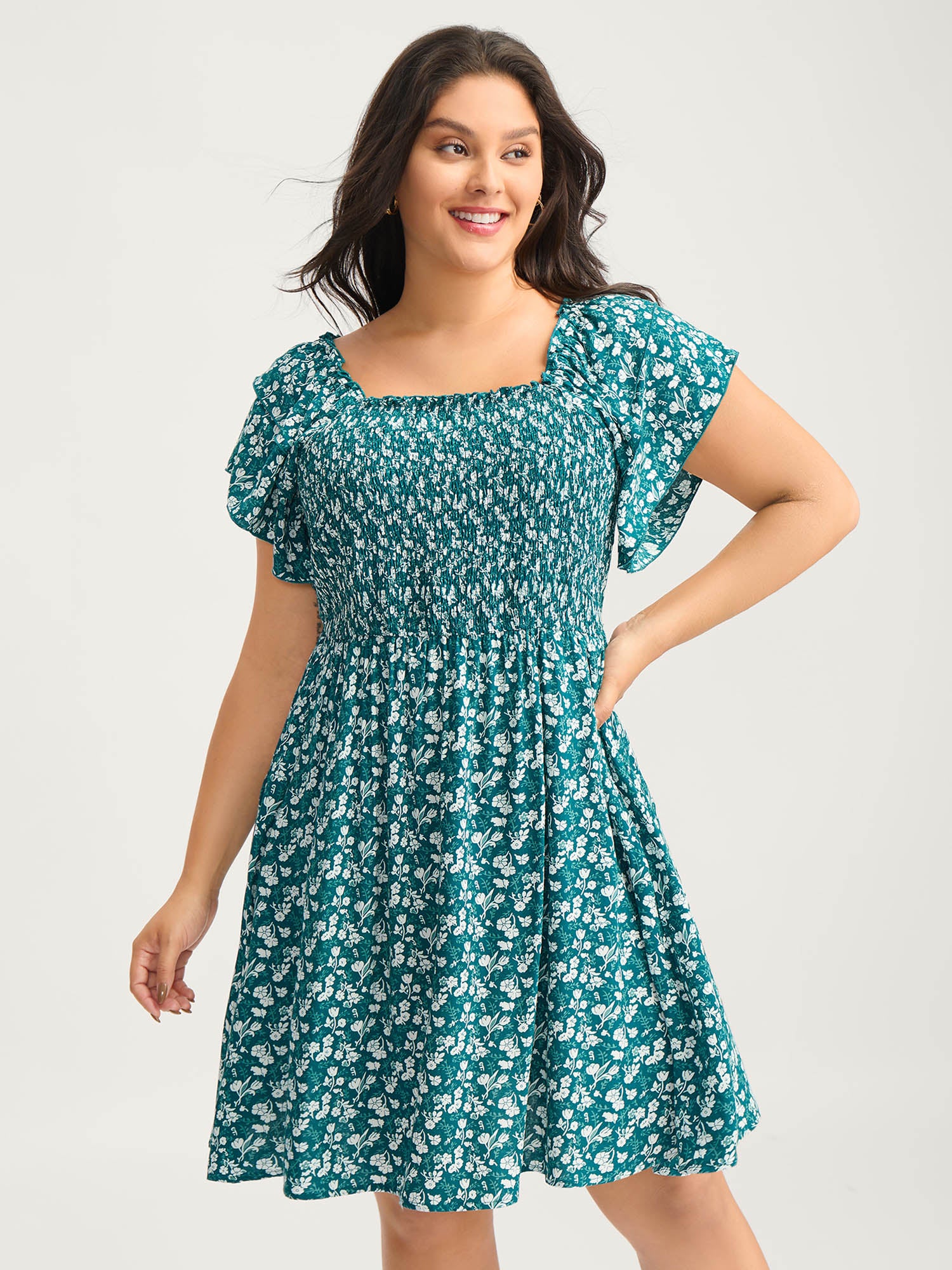 Rayon Layered Sleeve Shirred Midi Dress - Image 3