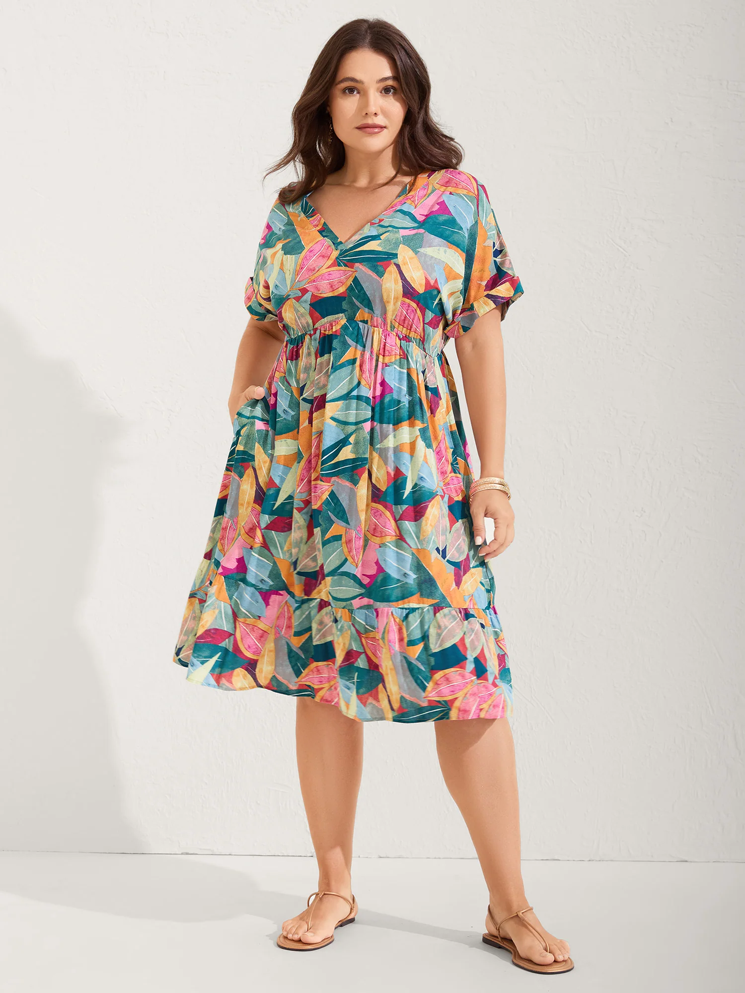 Rayon Leafy Print Pockets Midi Dress - Image 3