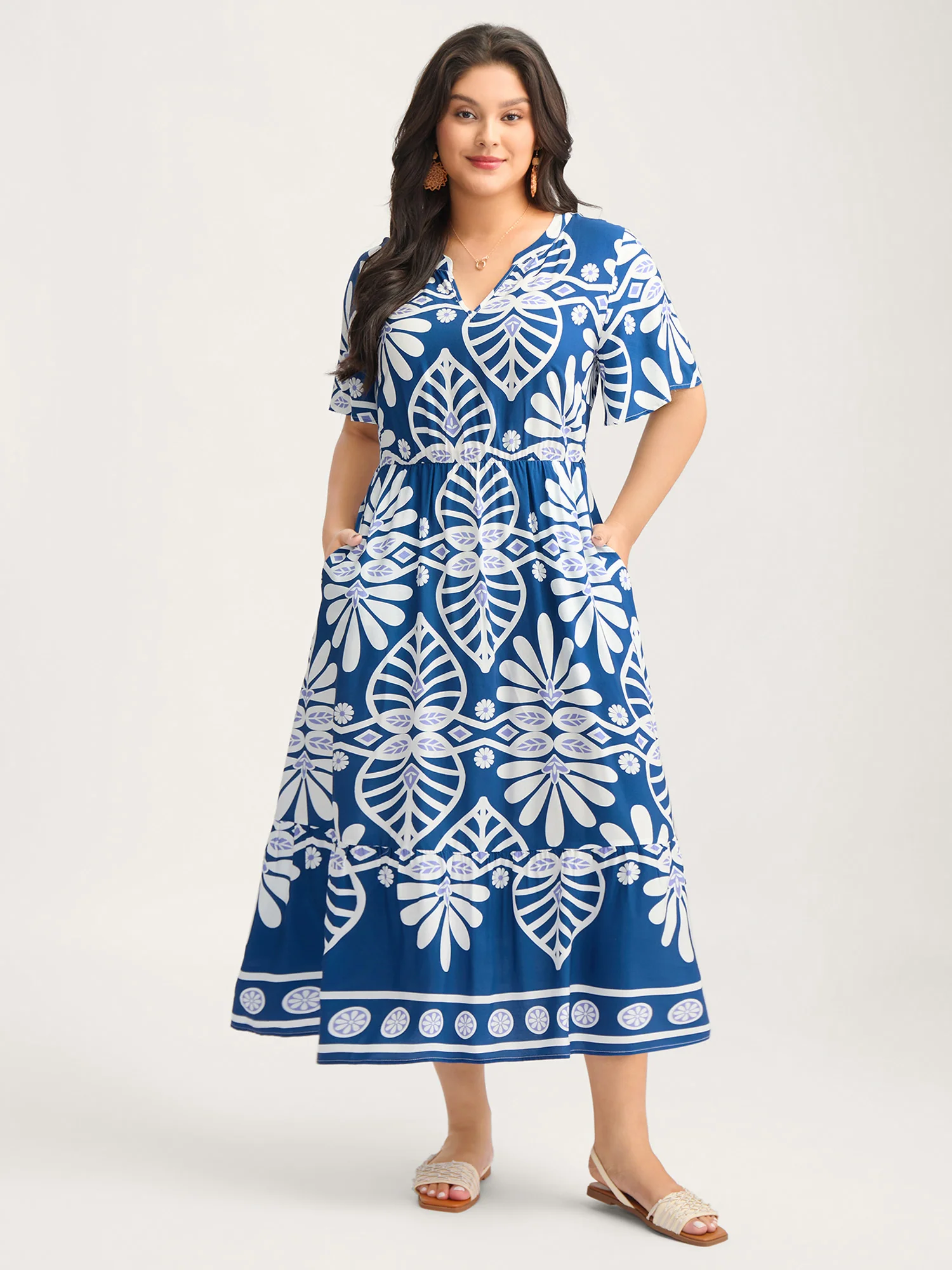 Rayon Ornate Print Cinched-Waist Midi Dress - Image 3